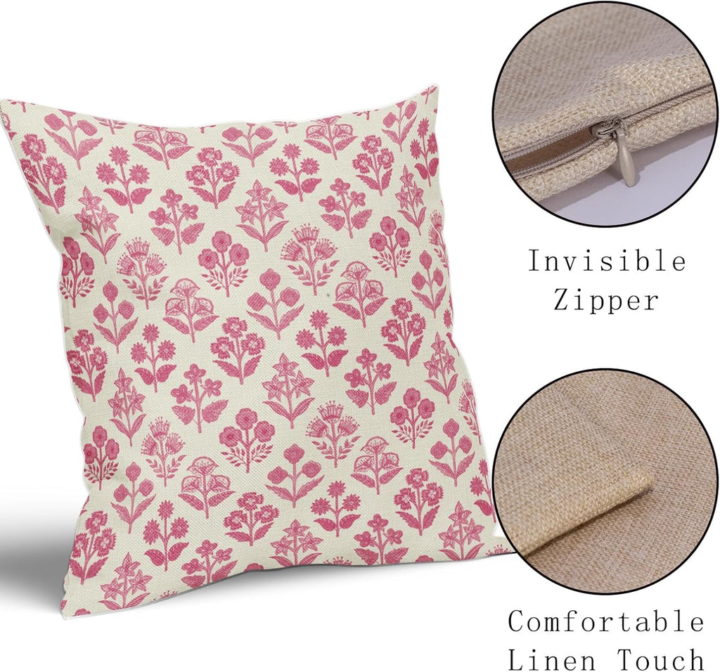 Hot Pink Floral Pillow Covers 18x18 Inch Set of 2, Vintage Flower Block Print Pattern Decorative Throw Pillowcases Outdoor Farmhouse…