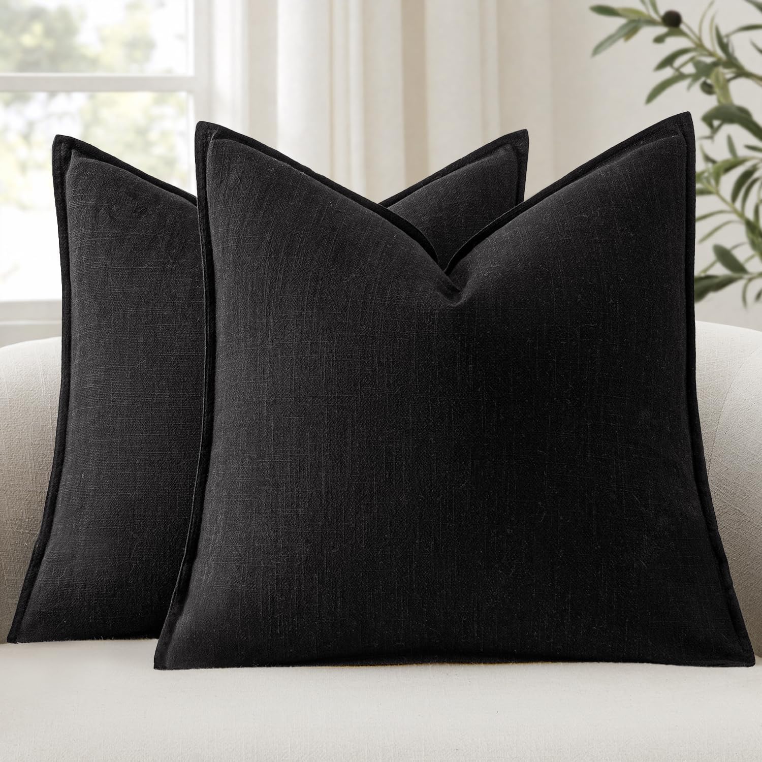 Anroduo Pack of 2 Decorative Linen Pillow Covers Black Neutral Farmhouse Boho Soild Cushion Case Soft Accent Pillowcase for Couch Sofa Bedr…