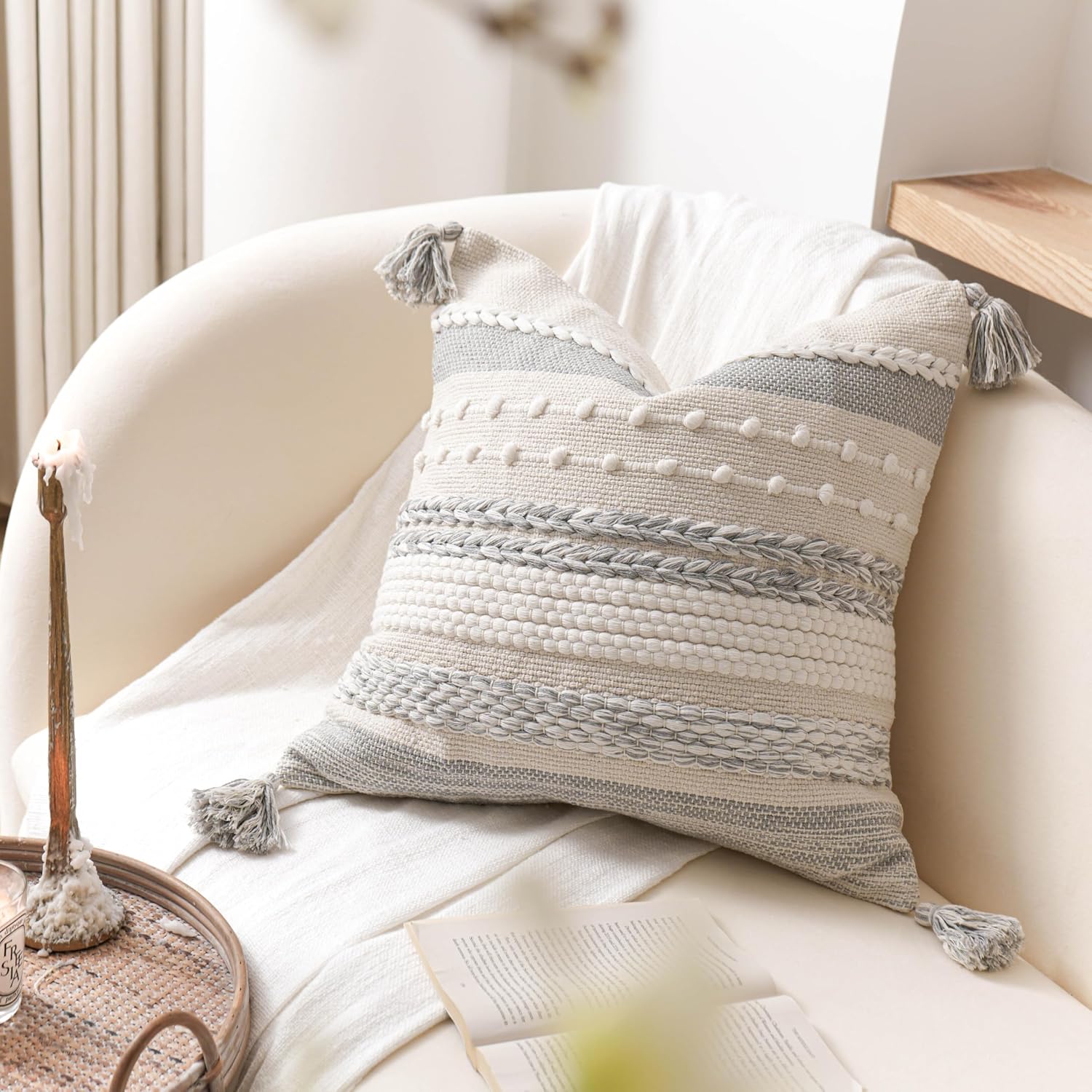 BlissBlush Gray Boho Decorative Throw Pillow Cover 18x18 Square Farmhouse Accent Cushion for Couch Sofa Livingroom Bedroom Pillowcase…