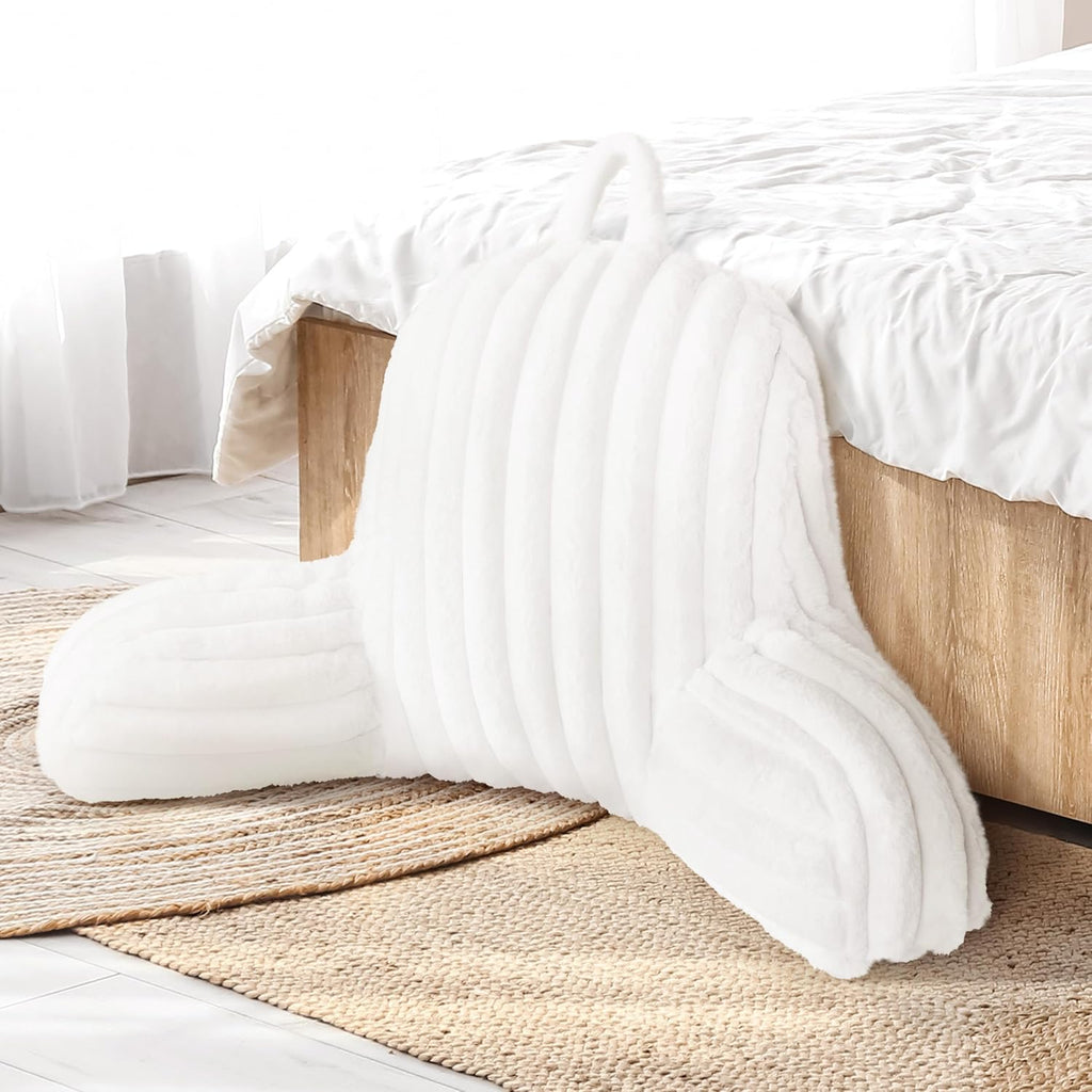 Aels Large Reading Pillow Replacement Cover with Arms and Pockets (Cover ONLY), 18" Soft Faux Fur Striped Backrest Pillow Cover Fits Standa…