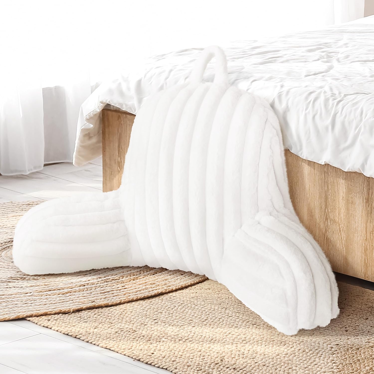 Aels Large Reading Pillow Replacement Cover with Arms and Pockets (Cover ONLY), 18" Soft Faux Fur Striped Backrest Pillow Cover Fits Standa…