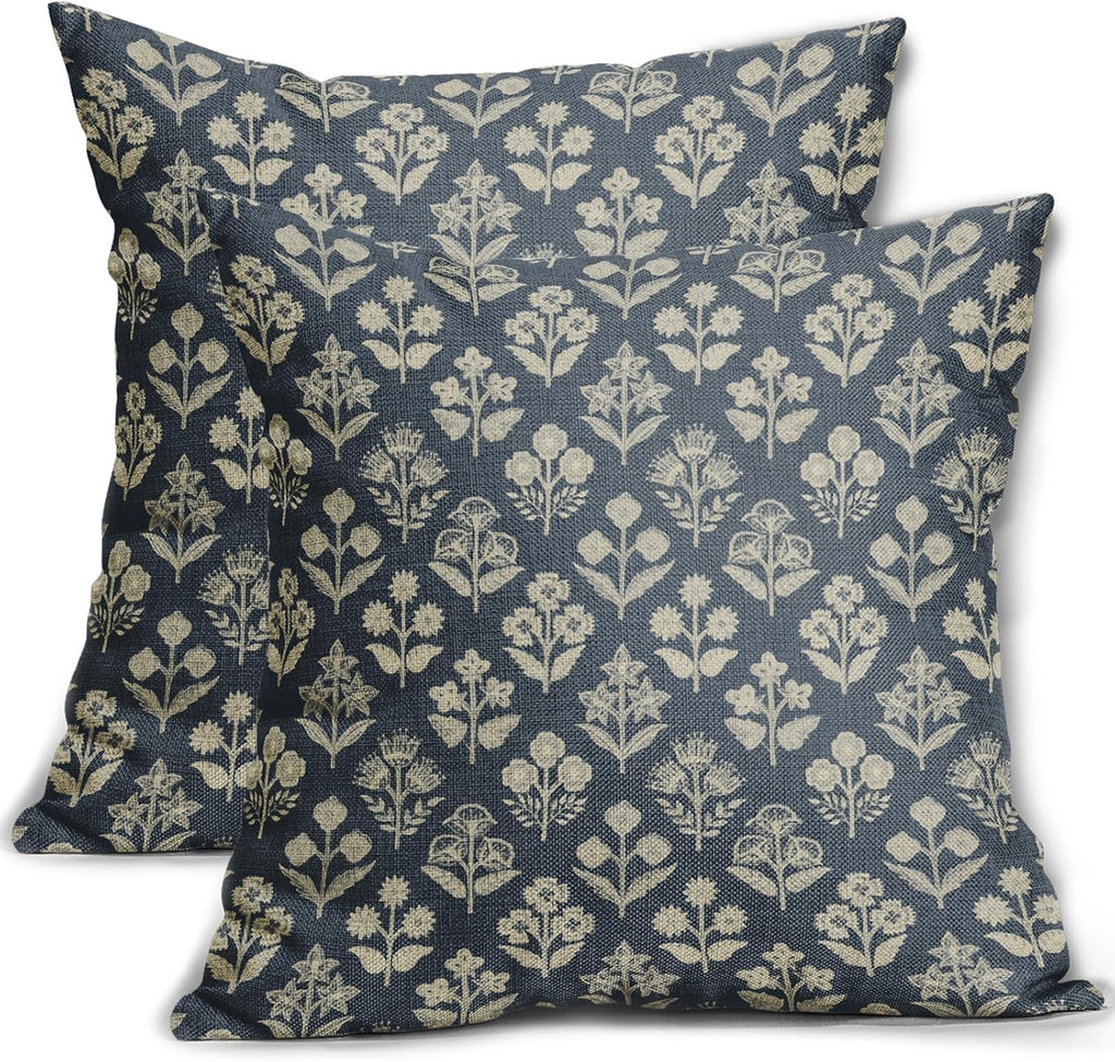 Dusty Blue Floral Block Print Pillow Covers 18x18 Inch Set of 2, Vintage Flower Pattern Decorative Throw Pillowcases Outdoor Farmhouse…