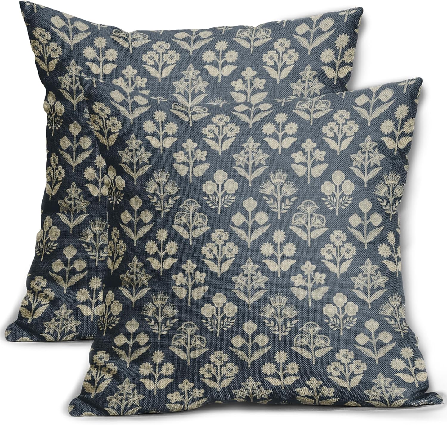Dusty Blue Floral Block Print Pillow Covers 18x18 Inch Set of 2, Vintage Flower Pattern Decorative Throw Pillowcases Outdoor Farmhouse…