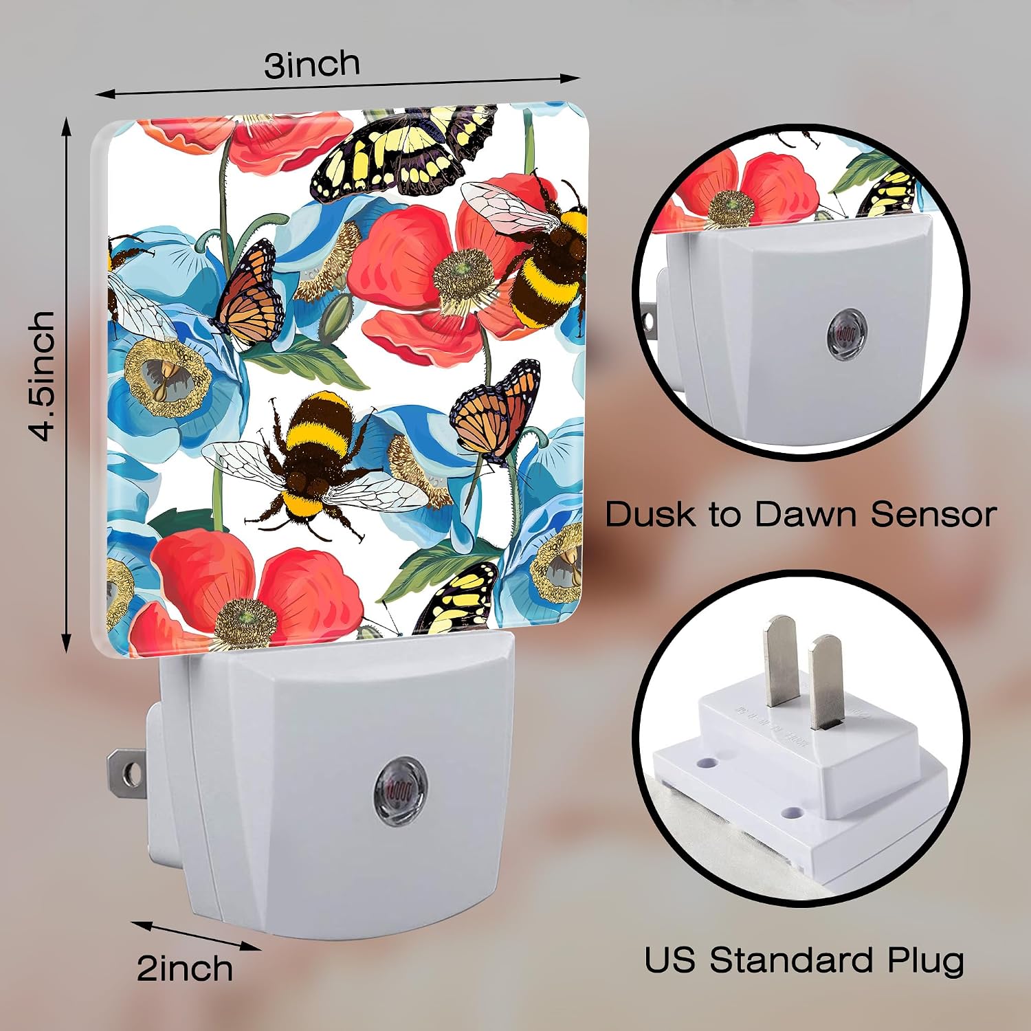 Red Poppy Flowers with Bee Butterflies Night Light for Kids, Bright Floral Insects Night Light Plug in with Dusk to Dawn Sensor,0.5w…