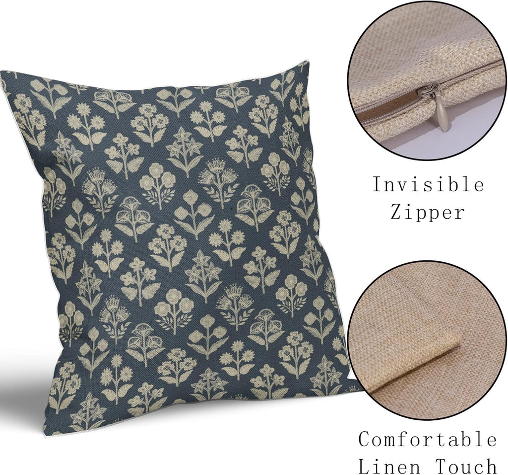 Dusty Blue Floral Block Print Pillow Covers 16x16 Inch Set of 2, Vintage Flower Pattern Decorative Throw Pillowcases Outdoor Farmhouse…