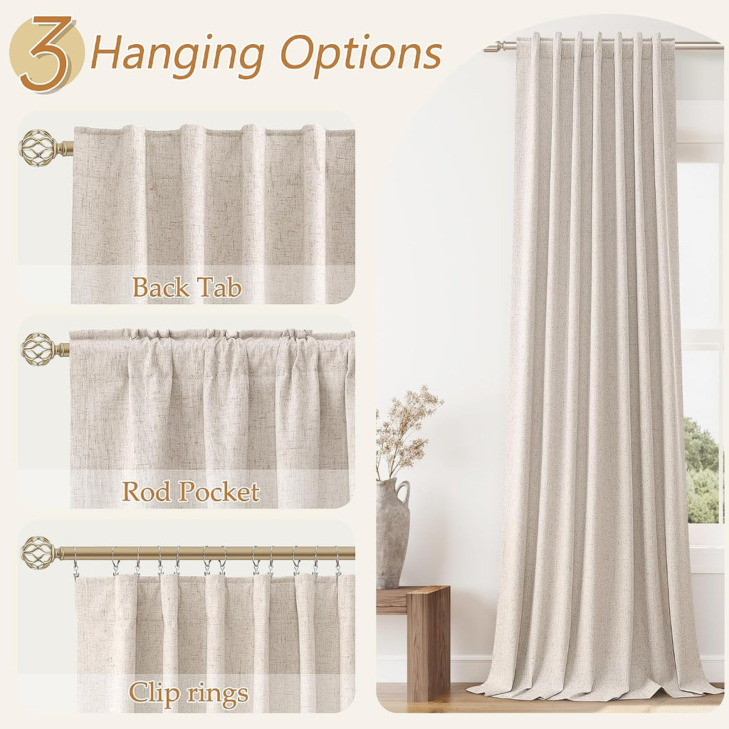 Guken Oatmeal 100% Blackout Linen Curtains 63 Inch Length 2 Panels Set for Living Room Bedroom Back Tab Thermal Insulated Black Out Drapes…