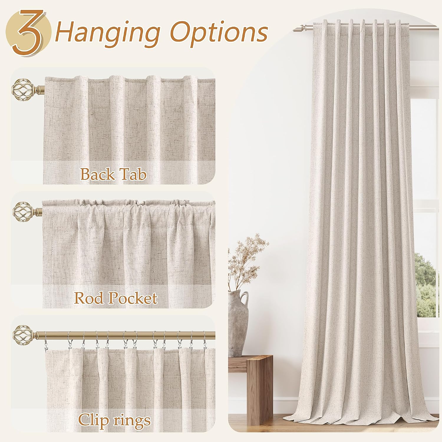 Guken Oatmeal 100% Blackout Linen Curtains 63 Inch Length 2 Panels Set for Living Room Bedroom Back Tab Thermal Insulated Black Out Drapes…