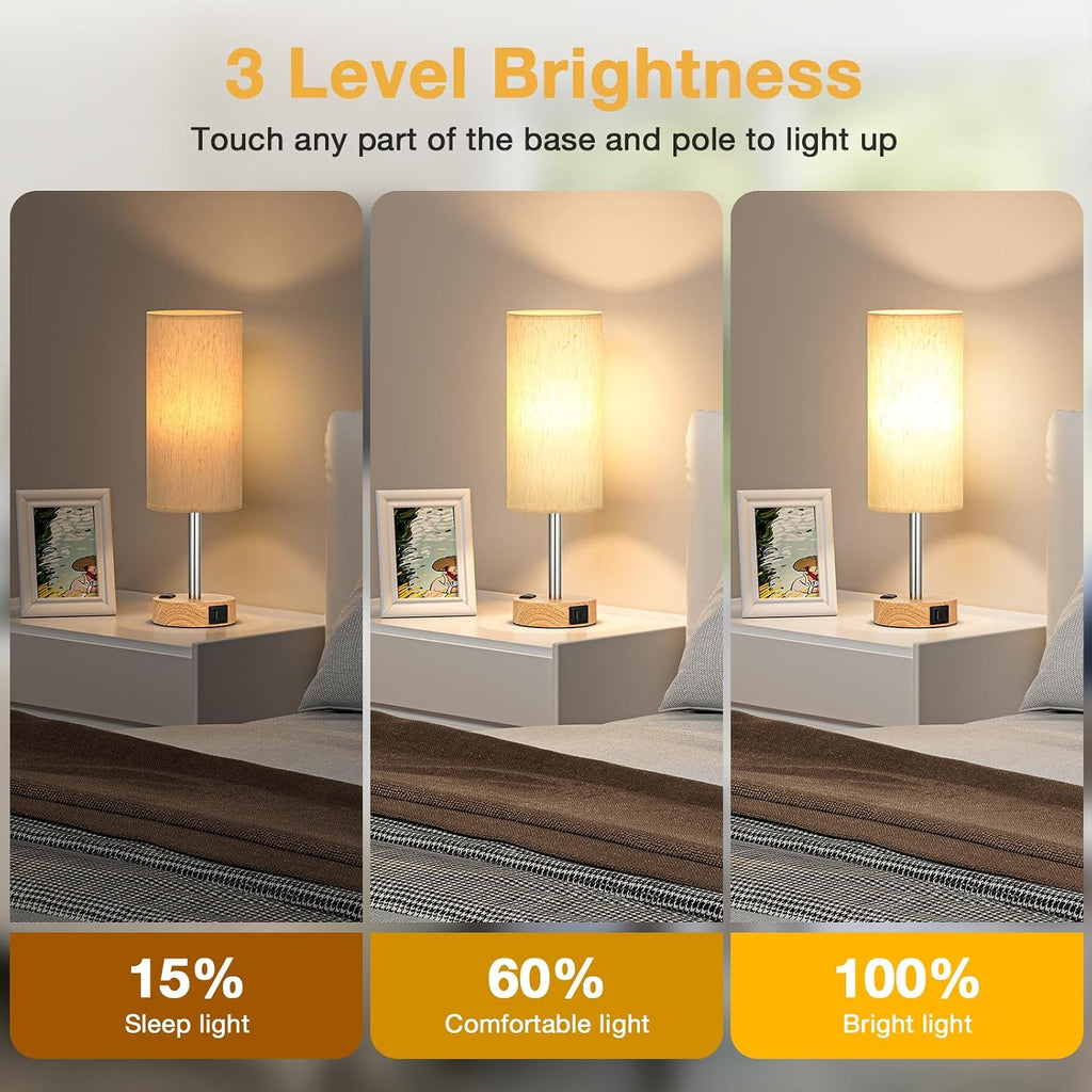 Touch Bedside Table Lamps Set - 3 Way Dimmable Bedroom Lamps Set of 2 with USB C and A Ports, Small Lamps for Nightstand with AC Outlet…