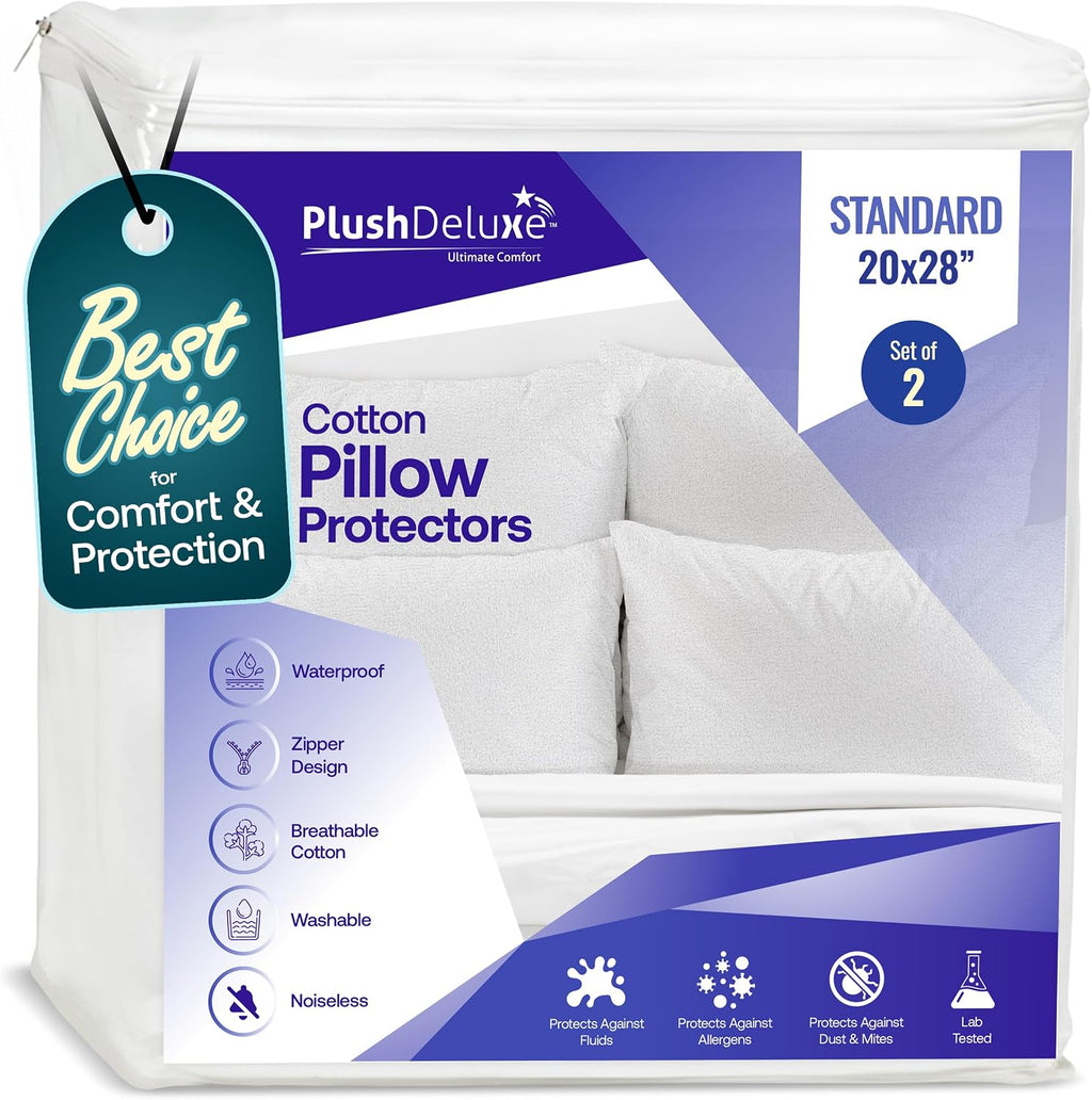 Premium Waterproof Pillow Protectors - Standard Size 20''x28'' Set of 2 - Zippered Pillow Cover Made with Soft Terry Cotton Fabric…
