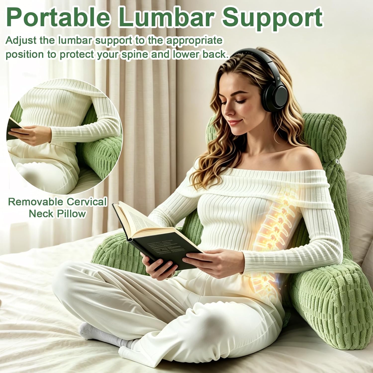Reading Pillow for Bed, Back Rest Bed Pillow for Sitting Up with A Cylindrical Pillow and Lumbar Pillow, Back Support Pillows for Bed…