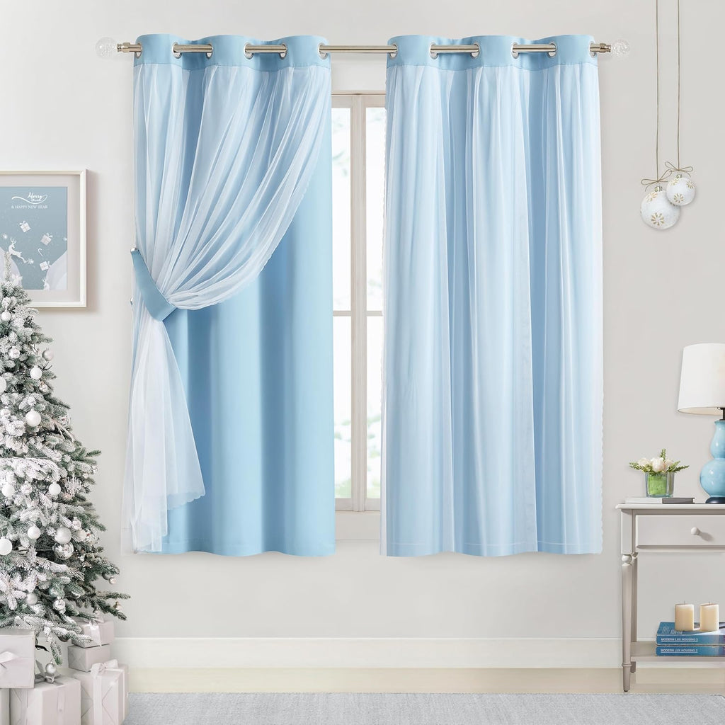 Bujasso Sky Blue 80% Blackout Curtains with Sheer Overlay Mix and Match Double Layer Thermal Insulated Window Panels 63 inch for Living Roo…