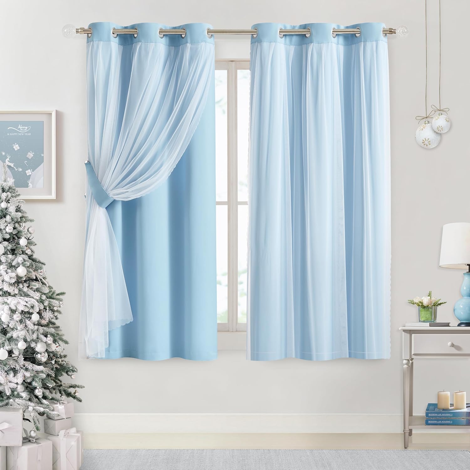 Bujasso Sky Blue 80% Blackout Curtains with Sheer Overlay Mix and Match Double Layer Thermal Insulated Window Panels 63 inch for Living Roo…
