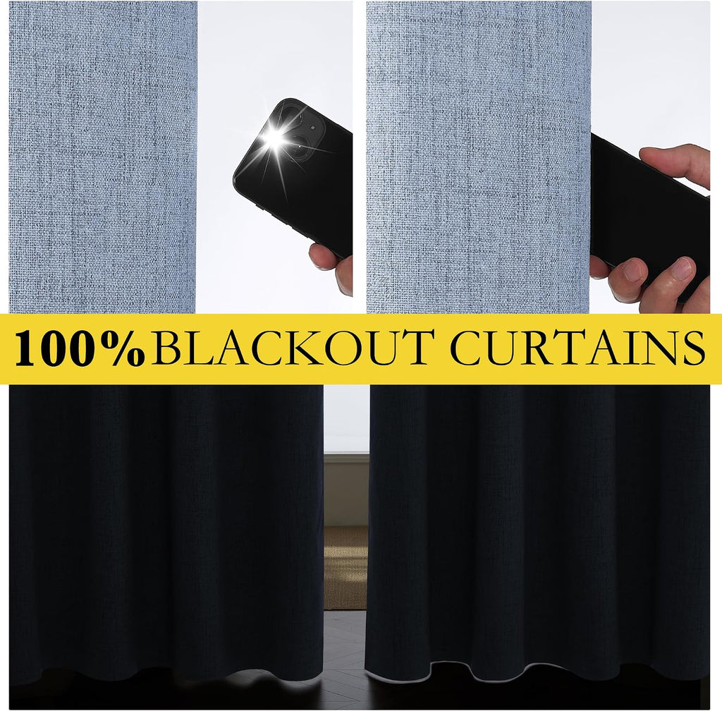 NICETOWN Stone Blue Vintage Linen 100% Blackout Curtains for Living Room, Thermal Insulated Curtains 95" Long, Noise Reducing Window…