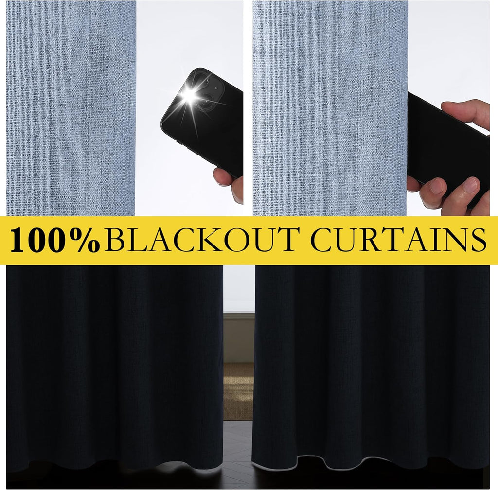 NICETOWN Stone Blue Vintage Linen 100% Blackout Curtains for Living Room, Thermal Insulated Curtains 108“ Long, Noise Reducing Window…