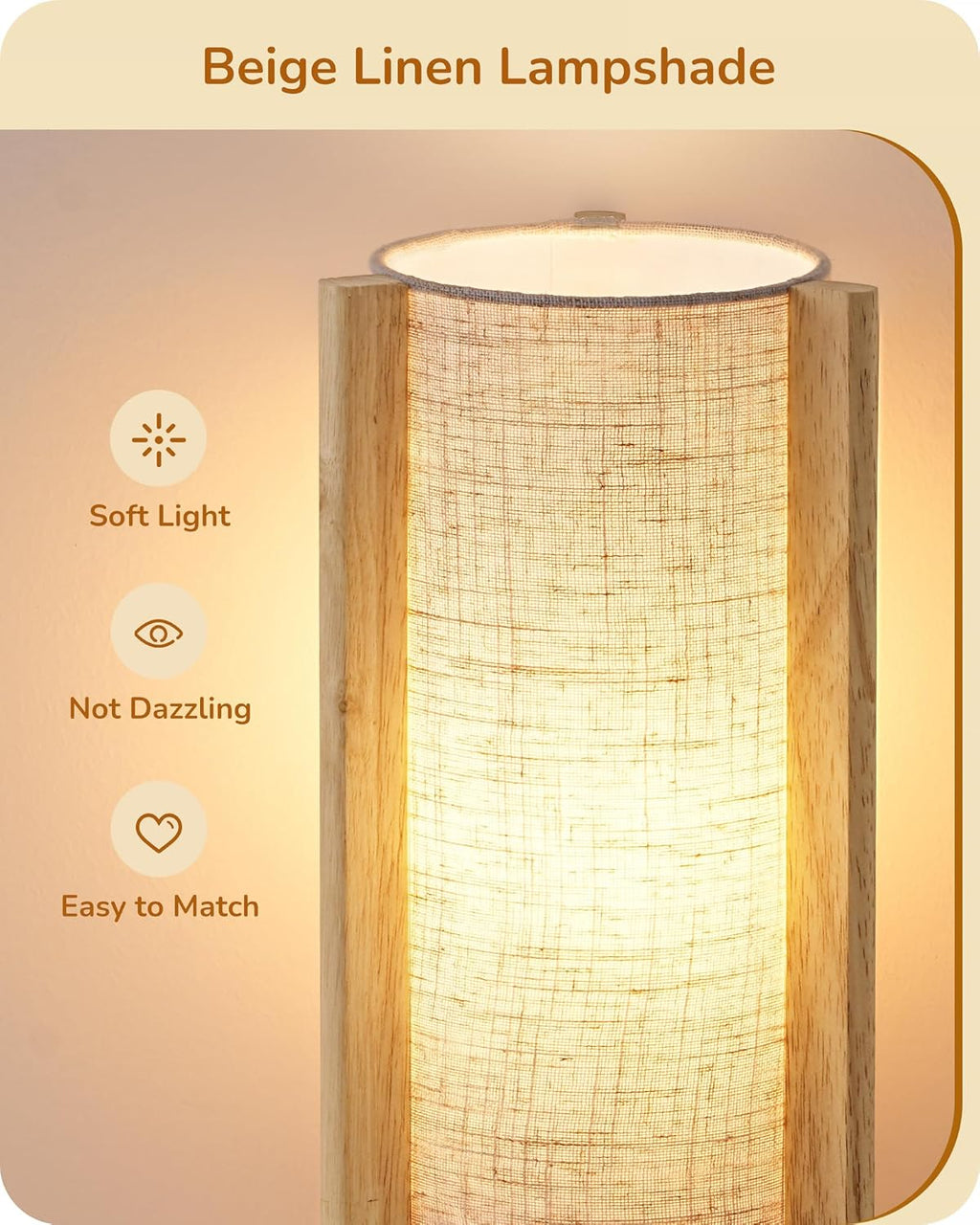 EDISHINE Small Wood Table Lamp, 13.5" Modern Bedside Lamp, Beige Linen Shade, Natural Wood Cylinder Nightstand Lamp for Bedroom Living…