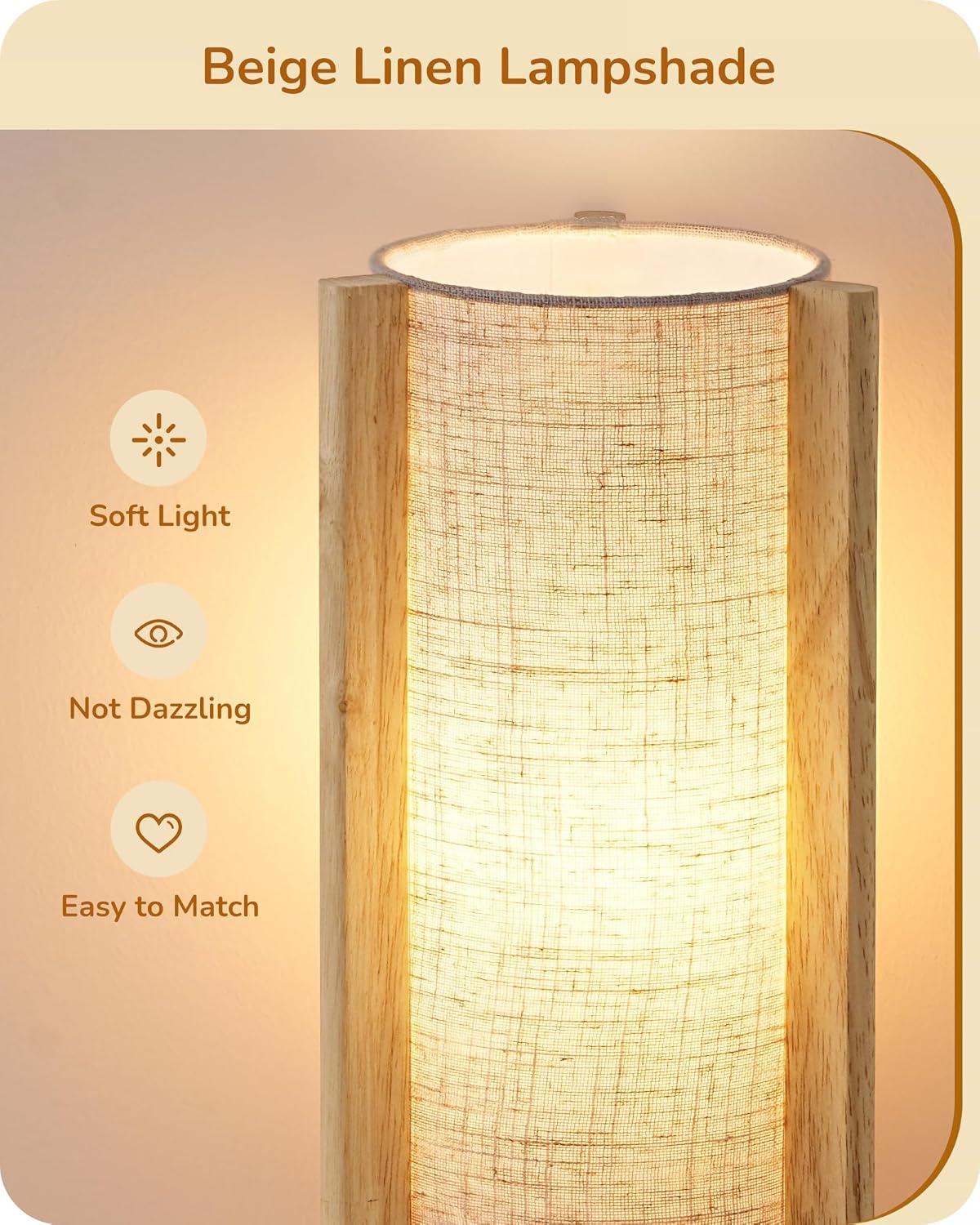 EDISHINE Small Wood Table Lamp, 13.5" Modern Bedside Lamp, Beige Linen Shade, Natural Wood Cylinder Nightstand Lamp for Bedroom Living…