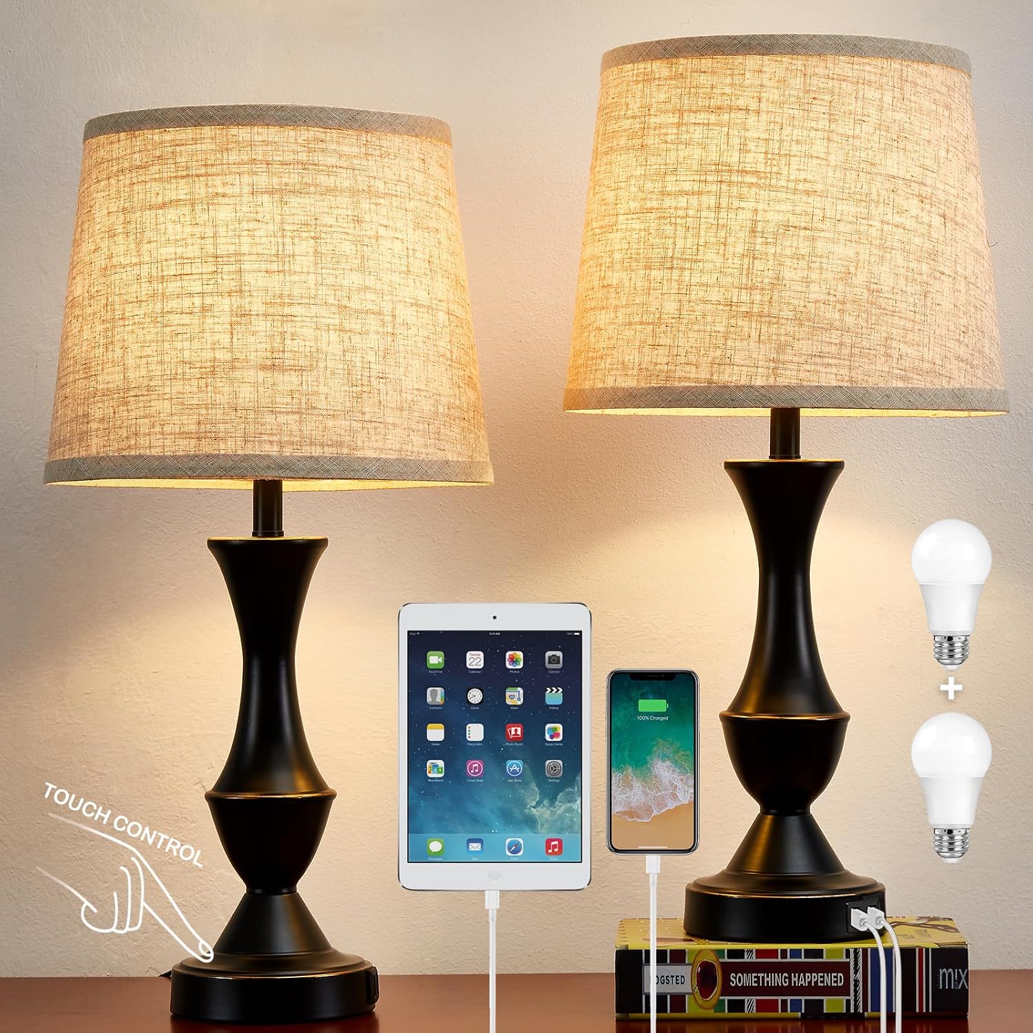 Luvkczc Upgraded Touch Table Lamps Set of 2, 22" Tall Bedside Lamps with USB C+A Ports, Dimmable Nightstand Lamps for Bedroom, Living…