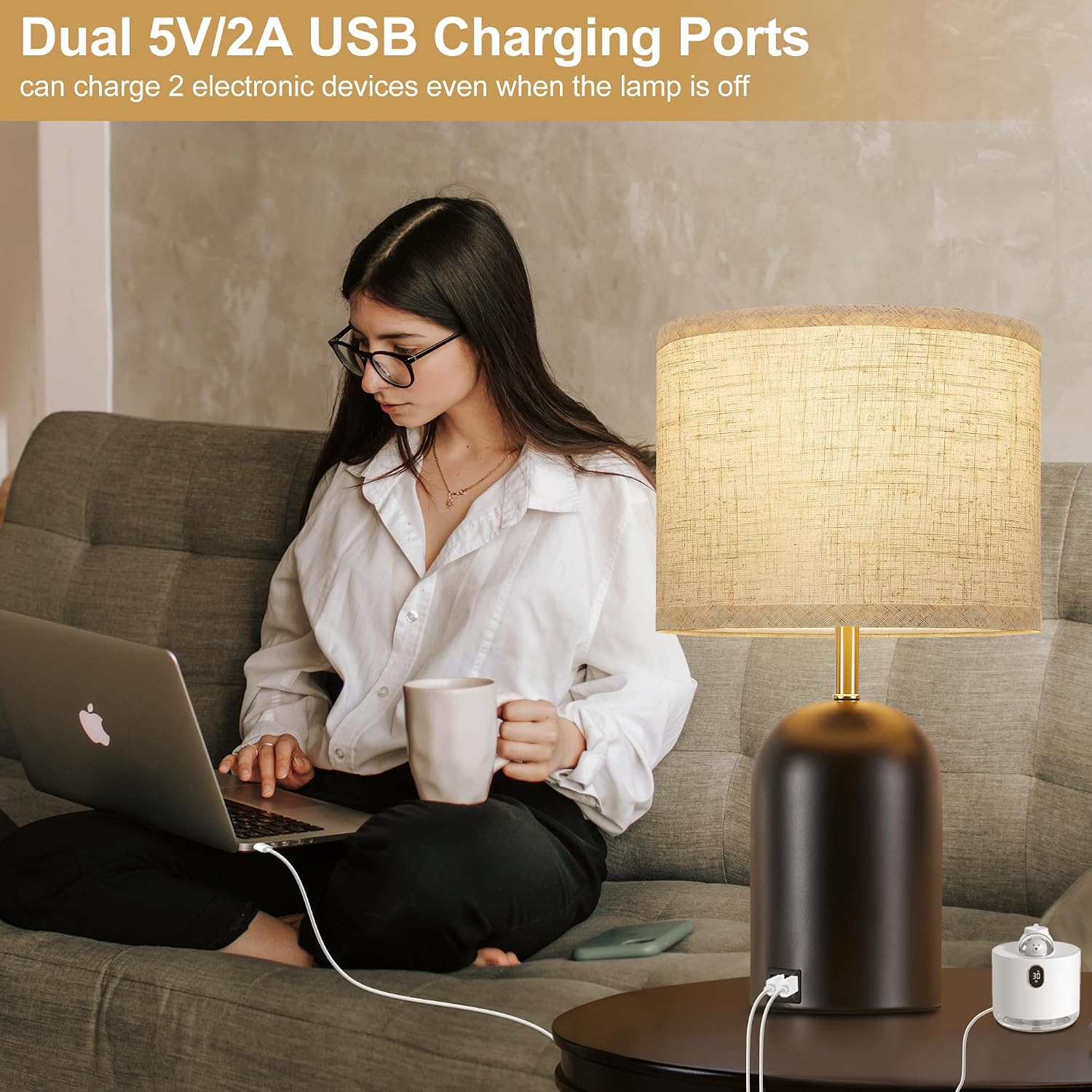 GyroVu Bedside Lamps with USB C+A Charging Ports, Table Lamp Touch Control Dimmable Modern Lamp for Bedroom Lamps for Night Stands with…
