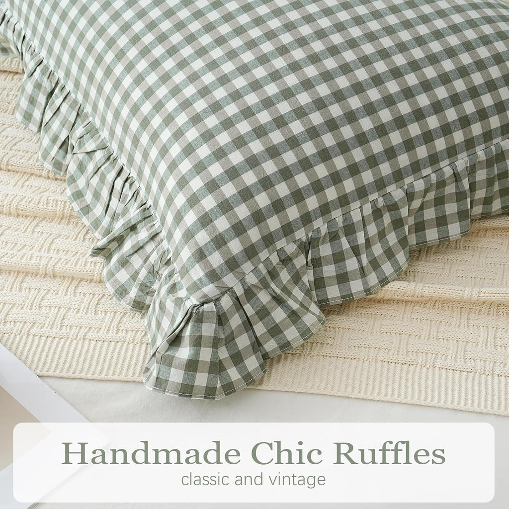 Qilunn 2 Pack Sage Green/White Plaid Ruffle Throw Pillow Covers Farmhouse Checkered Chic Washed Cotton Pillowcases Gingham Pillow Shams for…