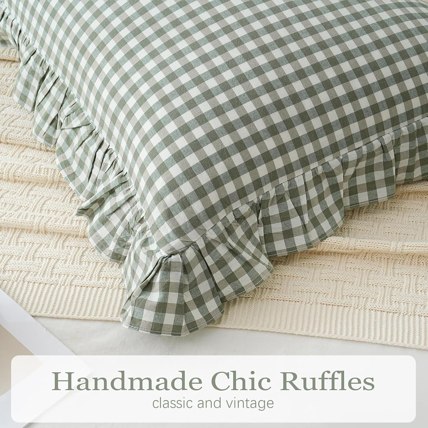 Qilunn 2 Pack Sage Green/White Plaid Ruffle Throw Pillow Covers Farmhouse Checkered Chic Washed Cotton Pillowcases Gingham Pillow Shams for…