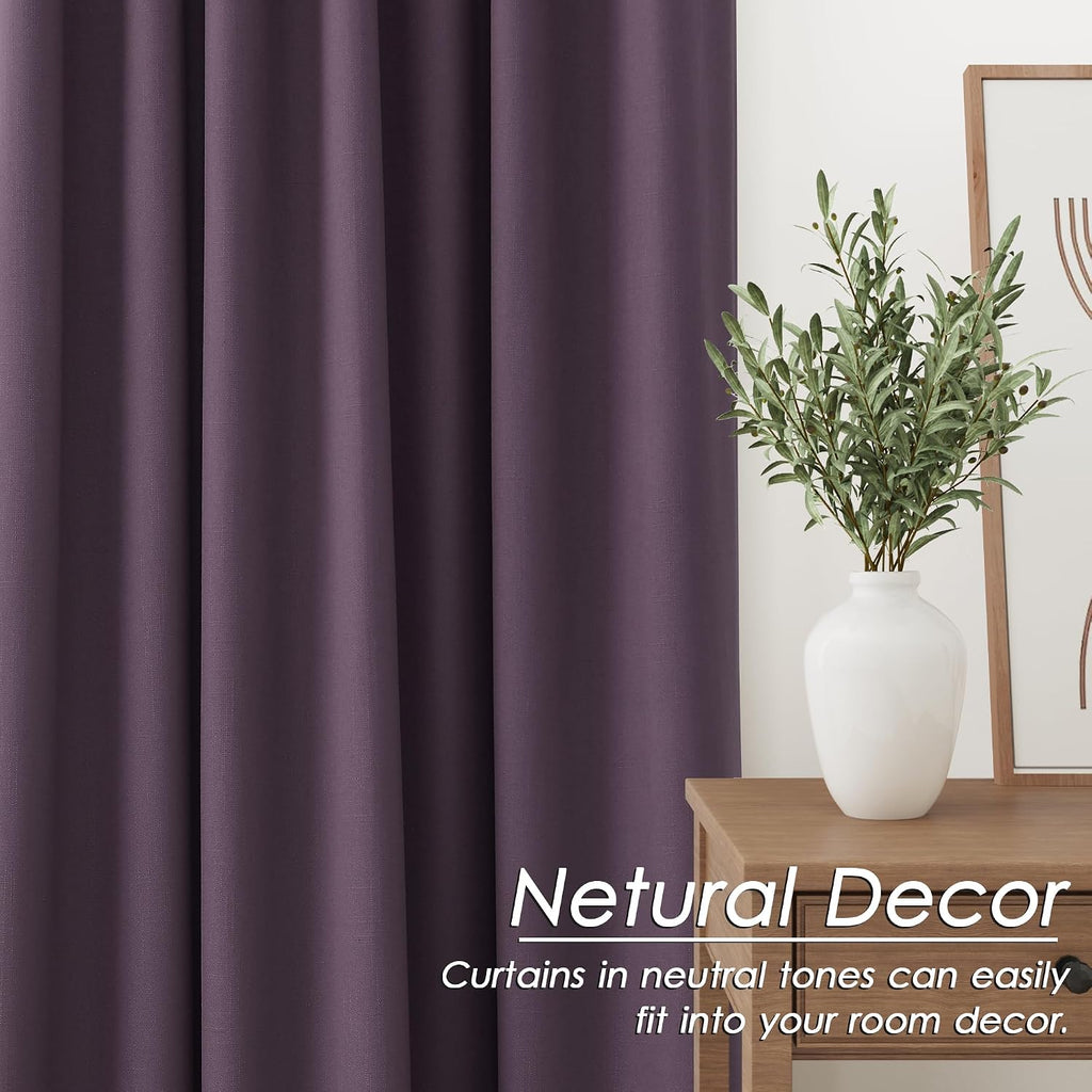 Nanspring Plum 100% Blackout Linen Curtains 108 Inches Long for Bedroom Back Tab Thermal Insulated Luxury Modern Boho Decor Black Out Curta…