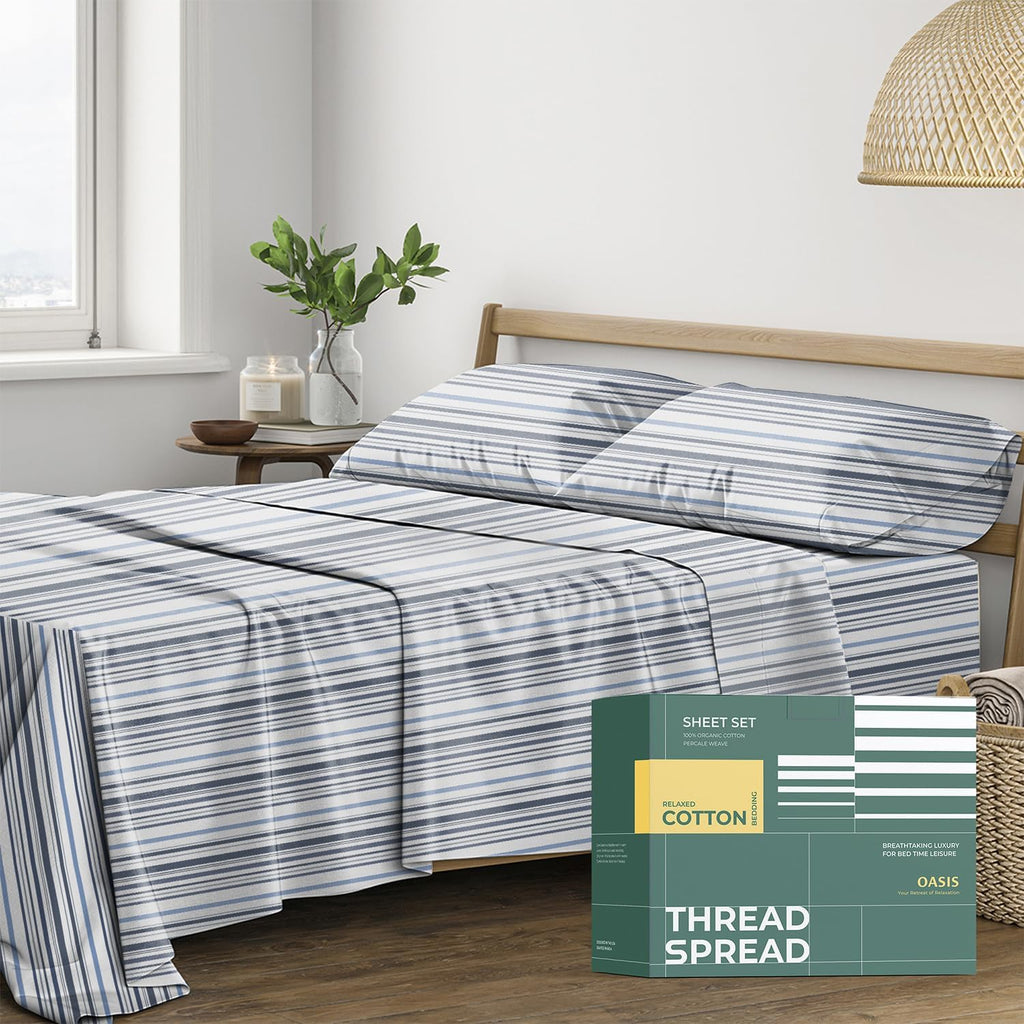THREAD SPREAD 100% Organic Cotton Sheets California King Size - Organic Cotton Cal King Size Percale Sheet Set (4 PC, Variegated Stripe)…