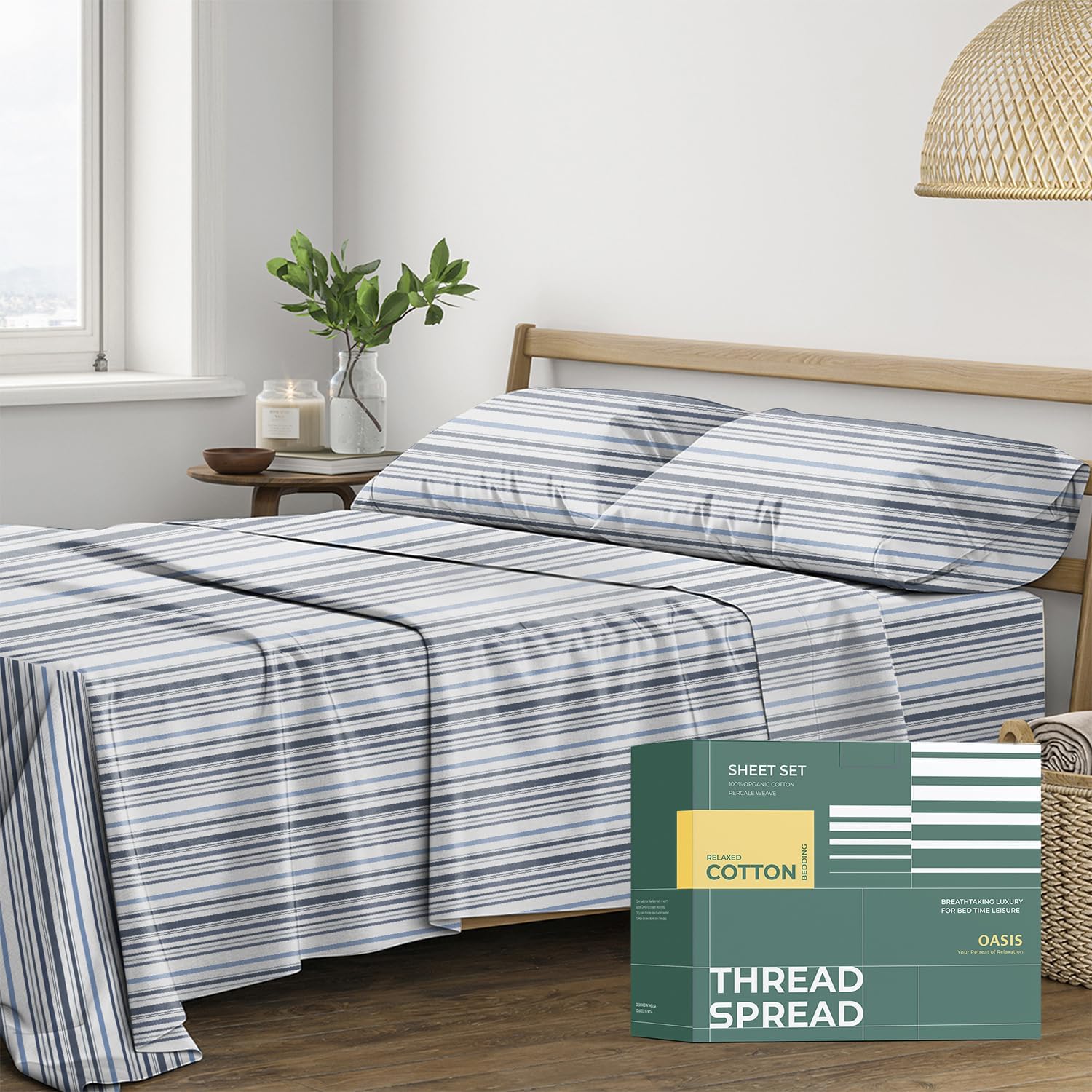 THREAD SPREAD 100% Organic Cotton Sheets California King Size - Organic Cotton Cal King Size Percale Sheet Set (4 PC, Variegated Stripe)…
