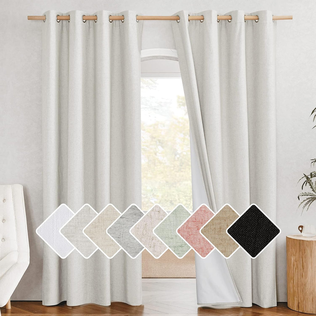 NICETOWN 100% Absolutely Blackout Linen Curtains with Thermal Insulated White Liner, Ivory, W52, 2 Pieces, Noise Reducing Textured Linen…