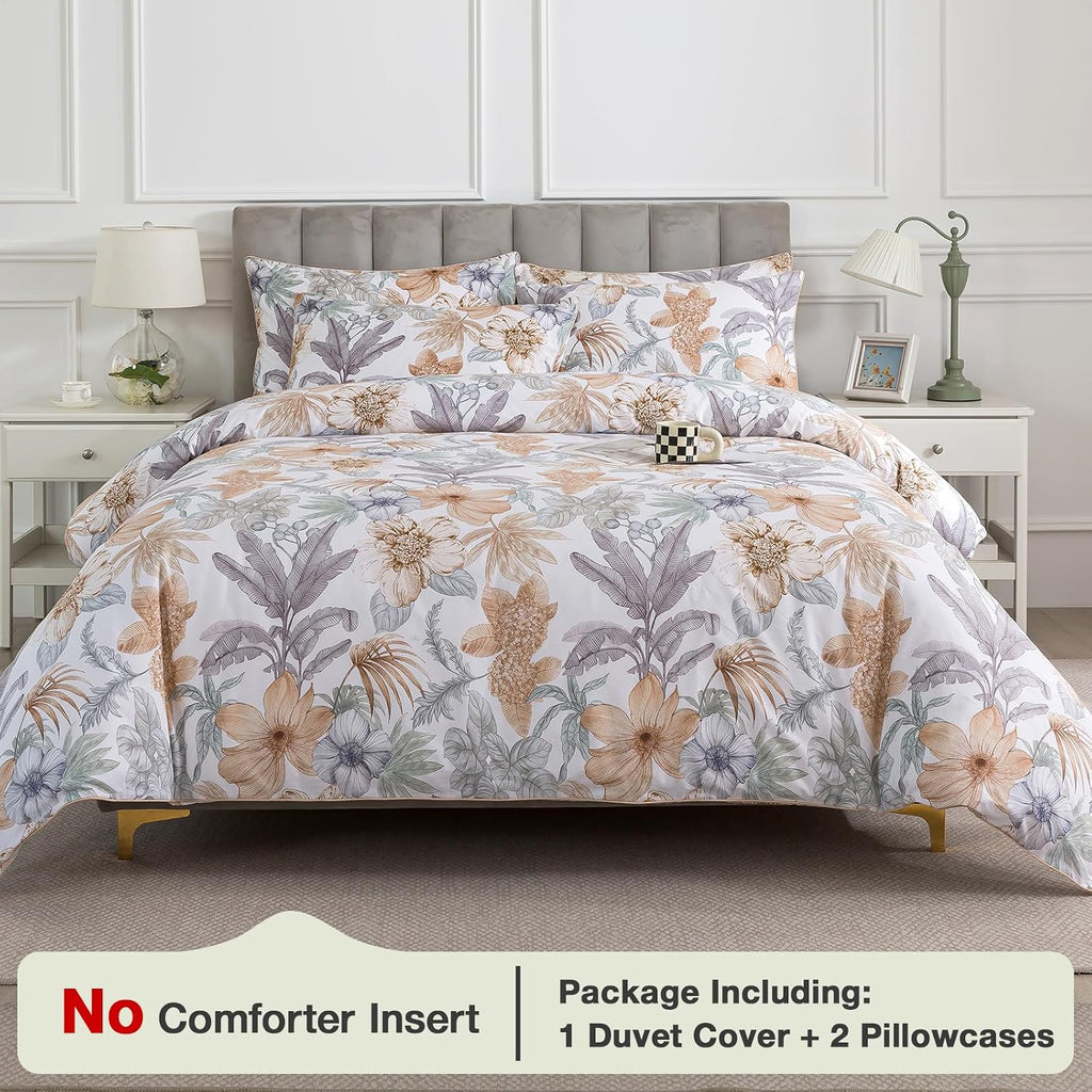 Puralens Tropical Floral Queen Size Duvet Cover Set 100% Cotton Percale, Palm Leaves Reversible Zipper White Duvet Covers, Soft Crisp Moder…