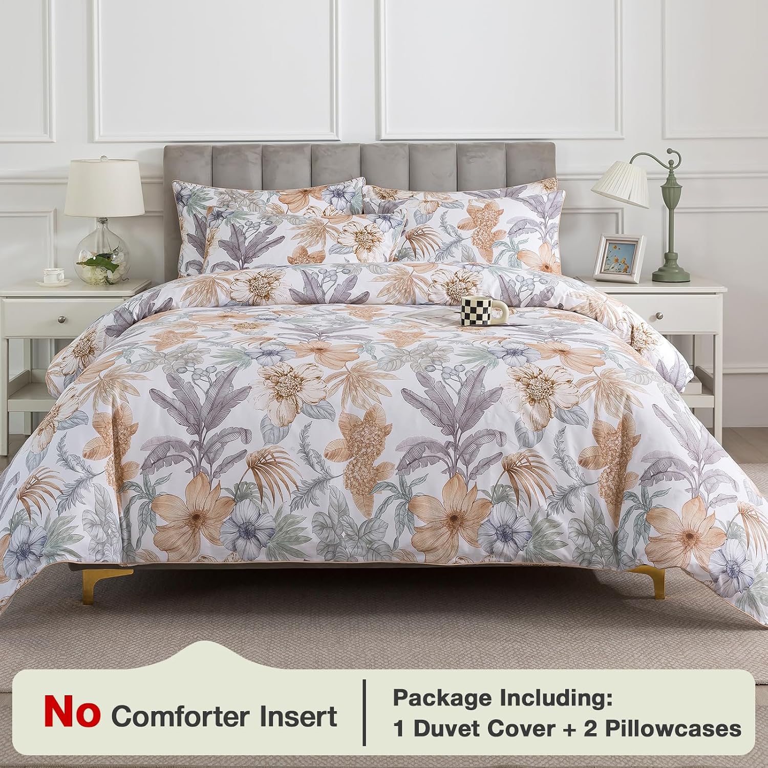 Puralens Tropical Floral Queen Size Duvet Cover Set 100% Cotton Percale, Palm Leaves Reversible Zipper White Duvet Covers, Soft Crisp Moder…