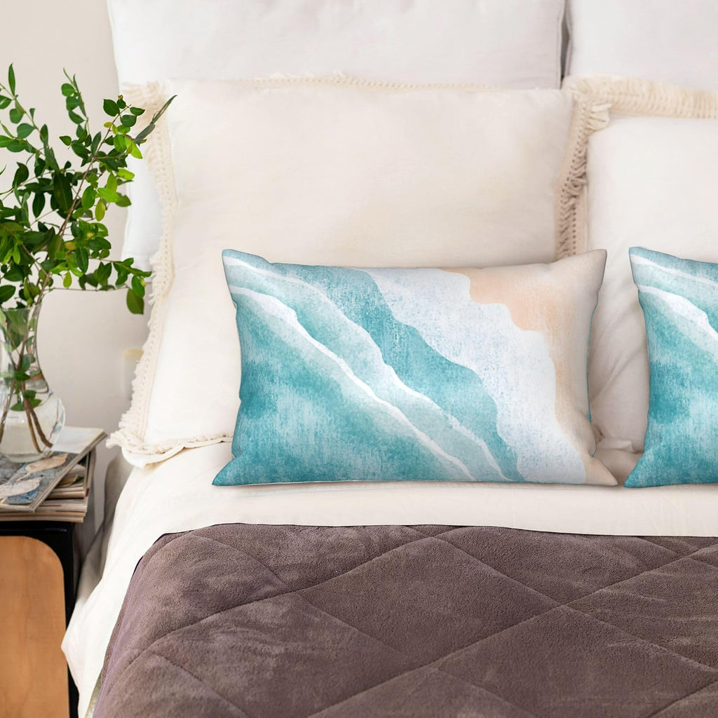 Imitation Silk Pillowcase for Hair and Skin Boho Abstract Blue Sea Beach 1 Pack Satin Queen Pillowcase with Hidden Zipper Cooling Pillow…