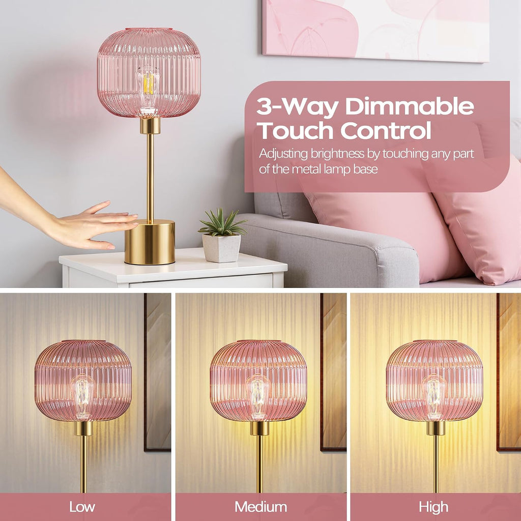 QiMH Glass Table Lamp for Living Room, Modern Bedside Lamp with Pink Ribbed Glass Shade, 3-Way Dimmable Touch Control Nightstand Lamp for…