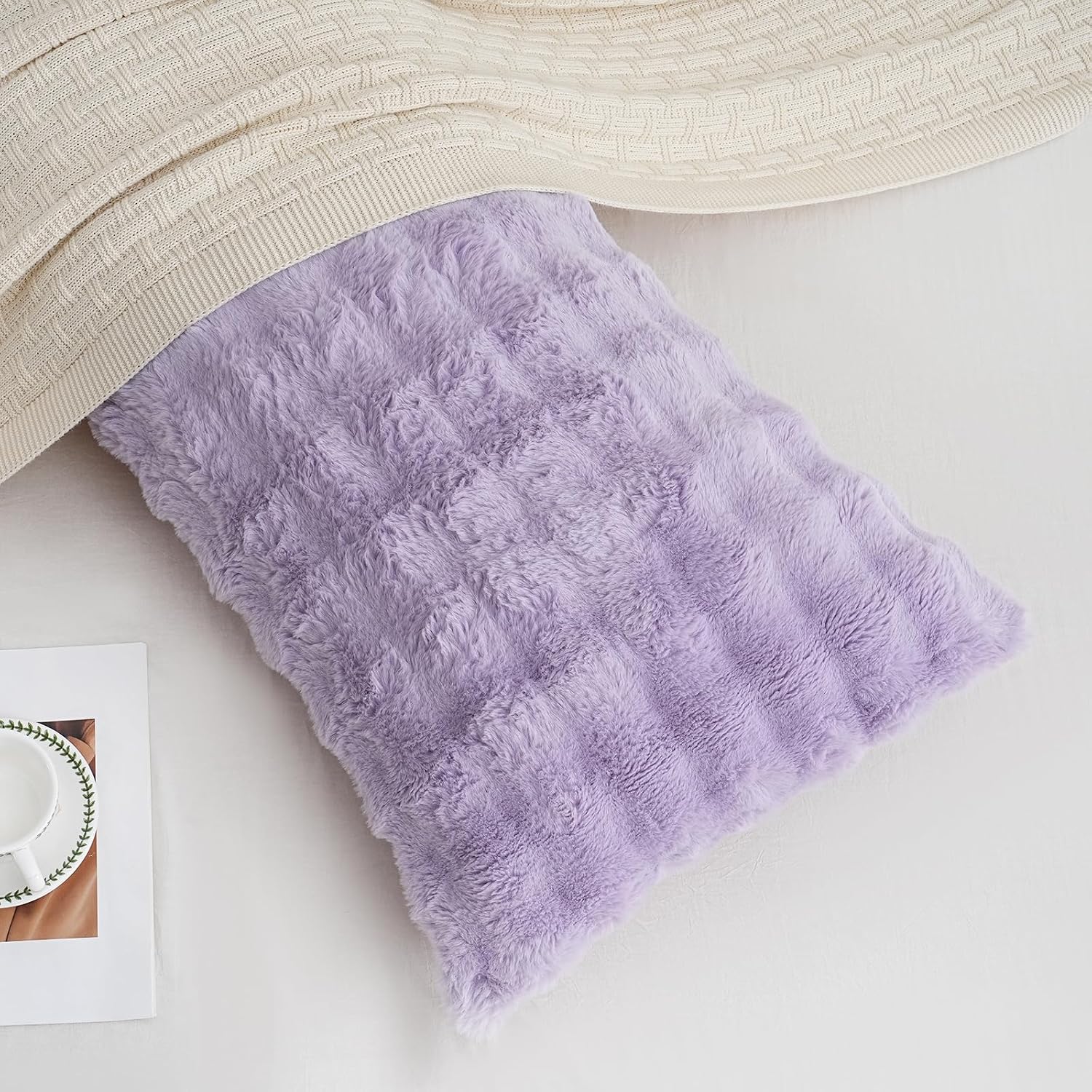 Chumerry Fuzzy Faux Fur Pillow Case Plush Shaggy Pillow Cover Plaid Check Texture Extra Soft Fluffy Faux Rabbit Fur Fabric Purple Decorativ…