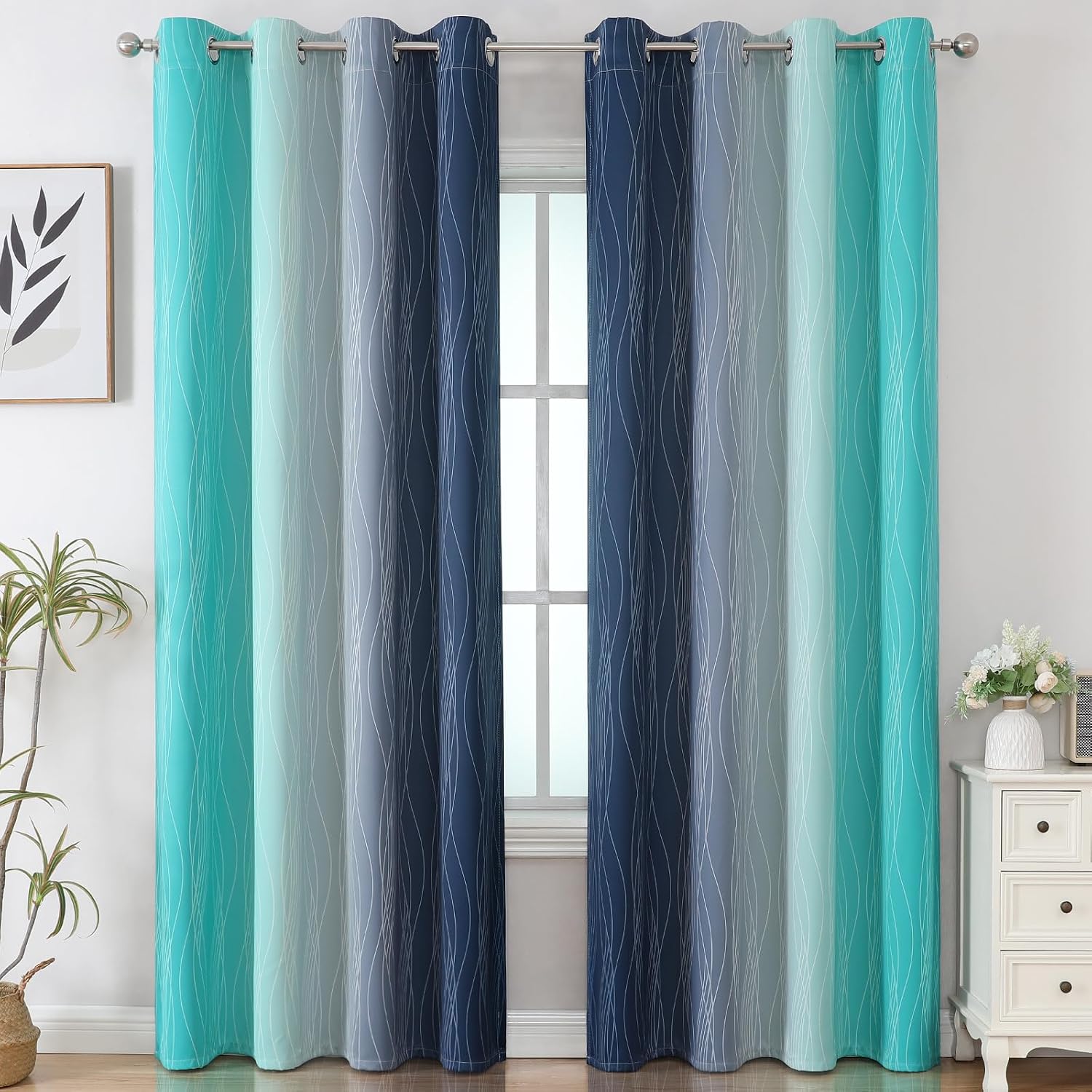 Estelartextiler Estelar Textiler Navy Blue and Teal Gradient Blackout Curtains for Bedroom, Thermal Insulated Ombre Blackout Drapes, Full R…