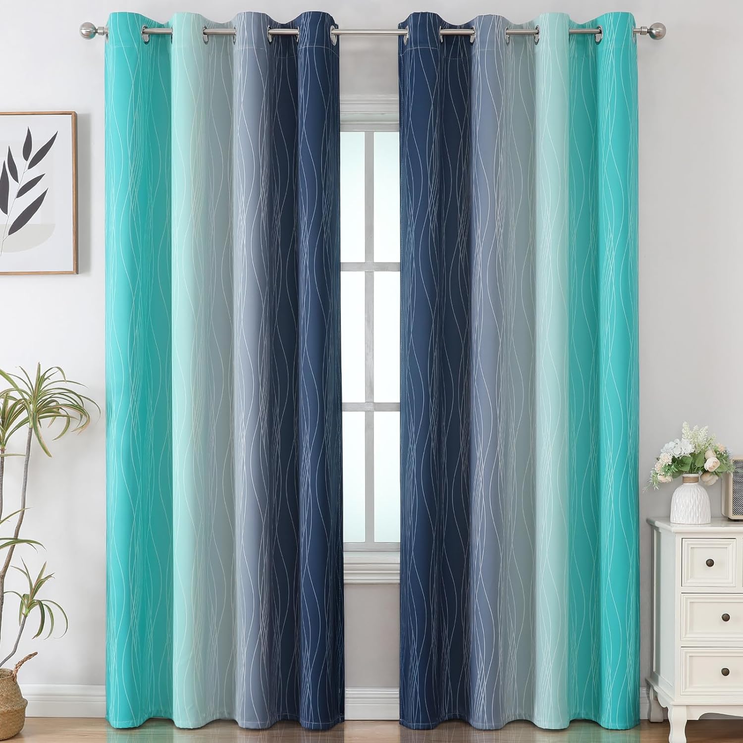 Estelartextiler Estelar Textiler Navy Blue and Teal Gradient Blackout Curtains for Sliding Door, Thermal Insulated Ombre Blackout Drapes, F…