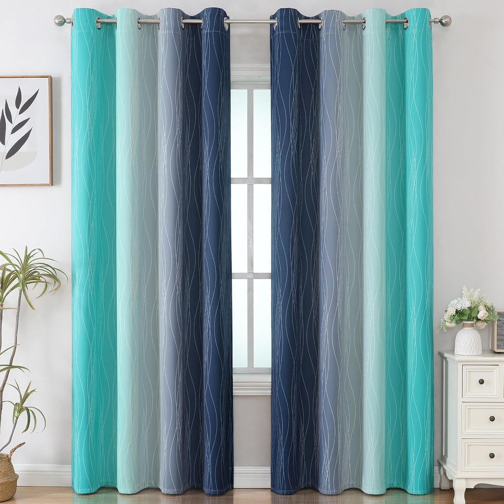 Estelartextiler Estelar Textiler Navy Blue and Teal Gradient Blackout Curtains for Bedroom, Thermal Insulated Ombre Blackout Drapes, Full L…