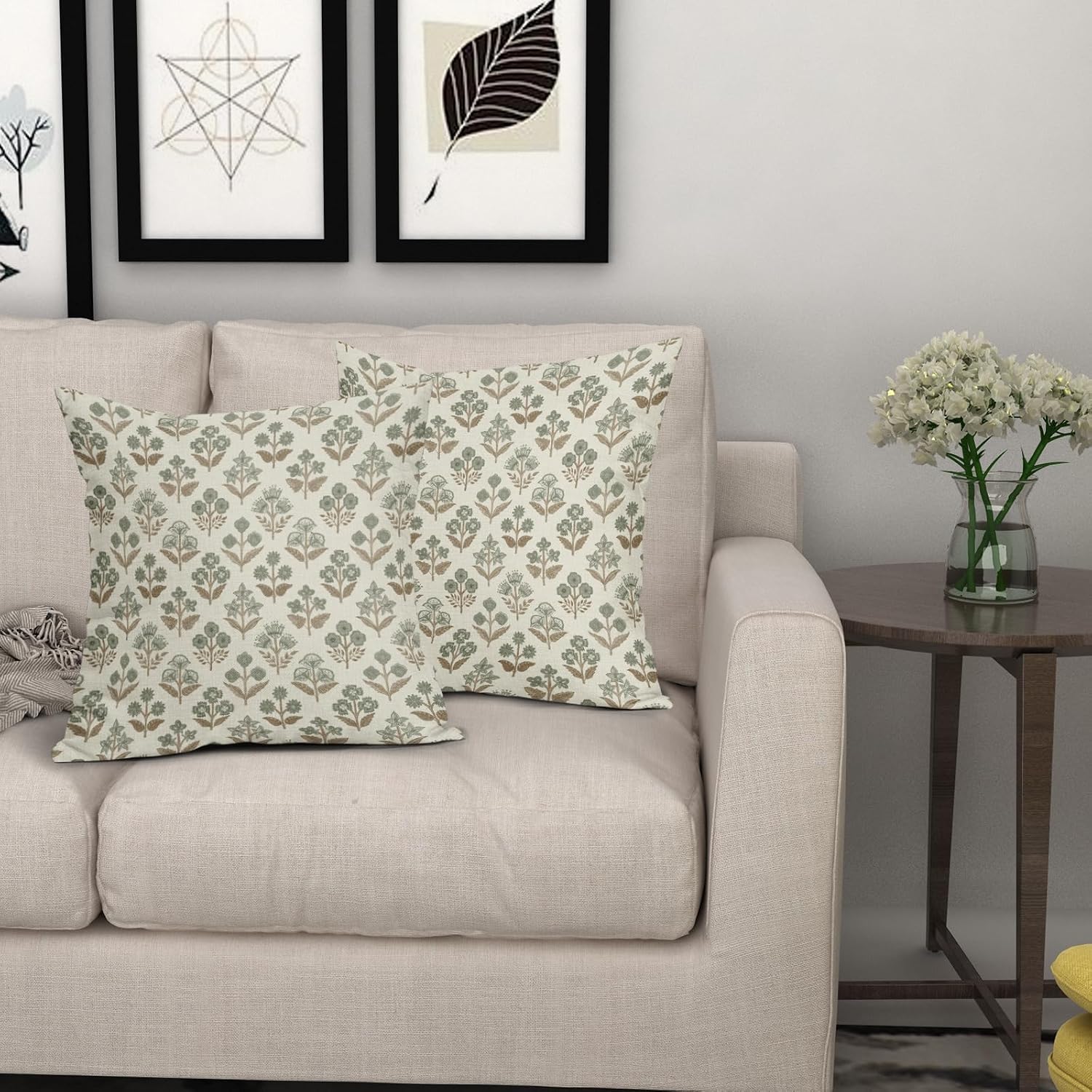 Brown Green Floral Block Print Pillow Covers 16x16 Inch Set of 2, Vintage Flower Pattern Decorative Throw Pillowcases Outdoor Farmhouse…