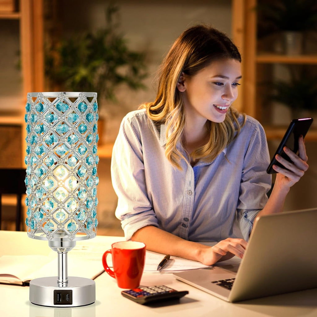 Hong-in Blue Crystal Table Lamp - 3-Way Dimmable Touch Control, Bedside Lamp with USB C and A Ports, Nightstand Light for Living Room…