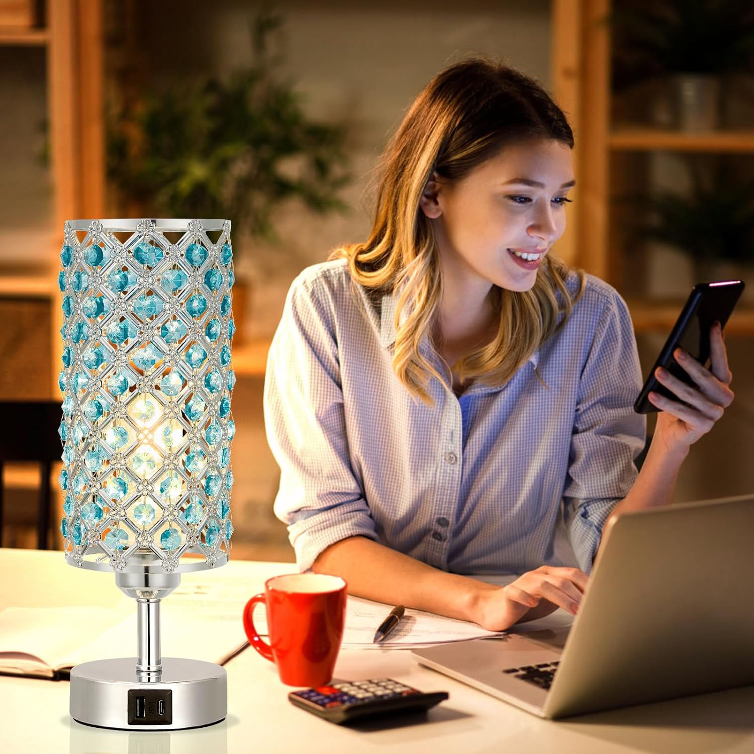 Hong-in Blue Crystal Table Lamp - 3-Way Dimmable Touch Control, Bedside Lamp with USB C and A Ports, Nightstand Light for Living Room…