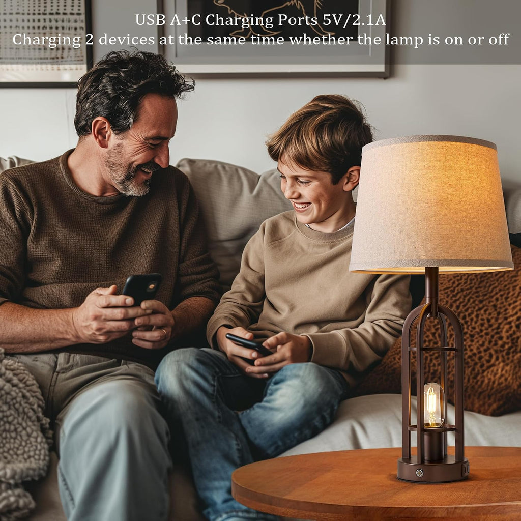 SRJJA 24" Table Lamps for Living Room Set of 2, Rustic Farmhouse 3-Way Dimmable Touch Industrial Bedside Lamps with USB A+C for Bedroom…