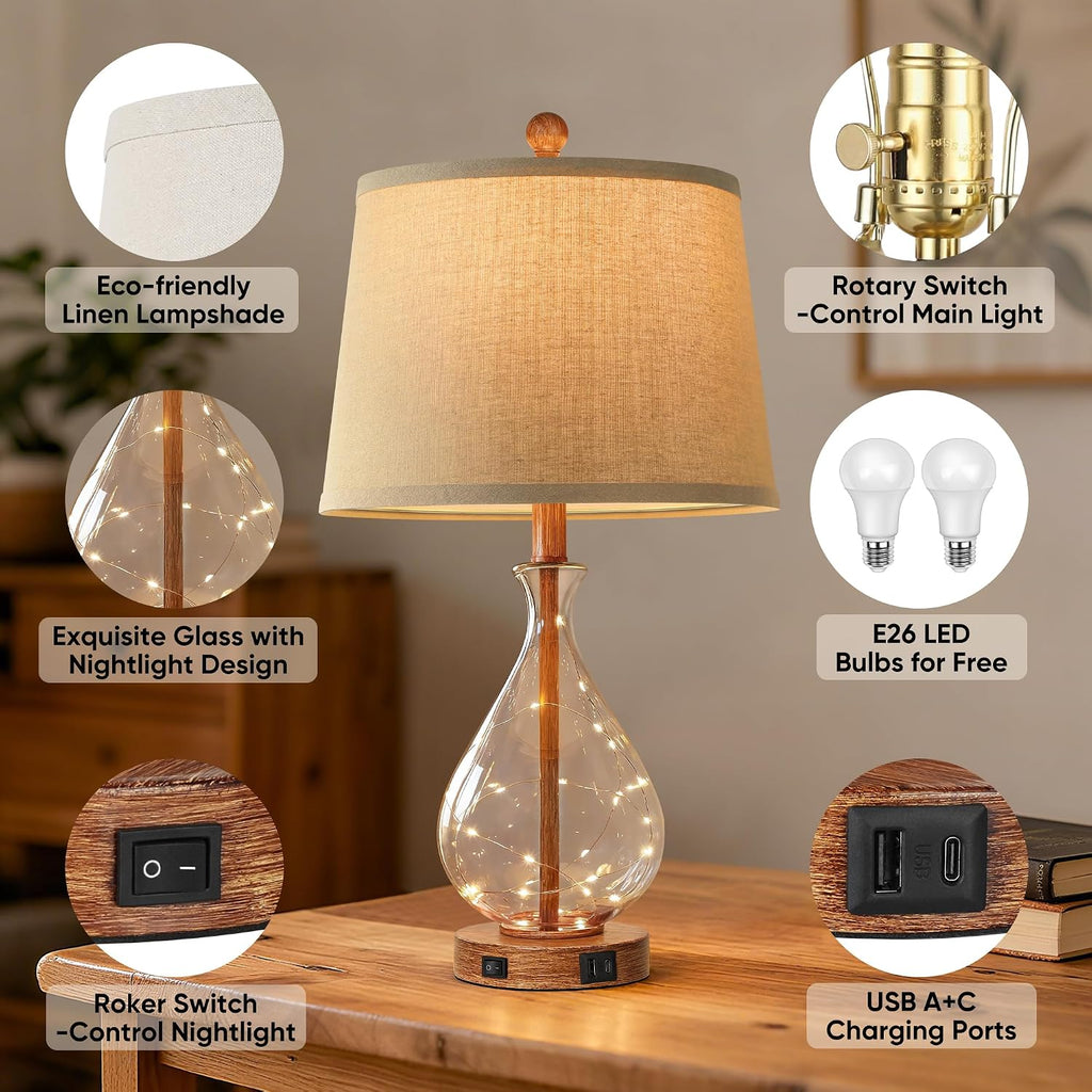 QiMH Farmhouse Table Lamps Set of 2 with Night Light, Mid Century Modern Bedside Lamps for Living Room, Glass Nightstand Lamp with USB…