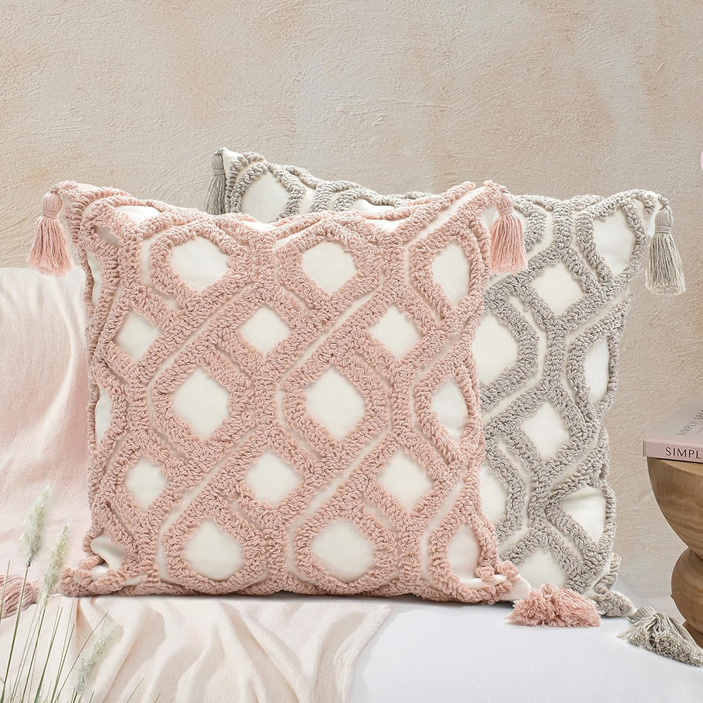 Loopuinhom Boho Pillow Covers 18X18 Inch Boho Tufted Throw Pillow Covers Decorative Tassels Cushion Cover Farmhouse Pillow Case for Couch S…