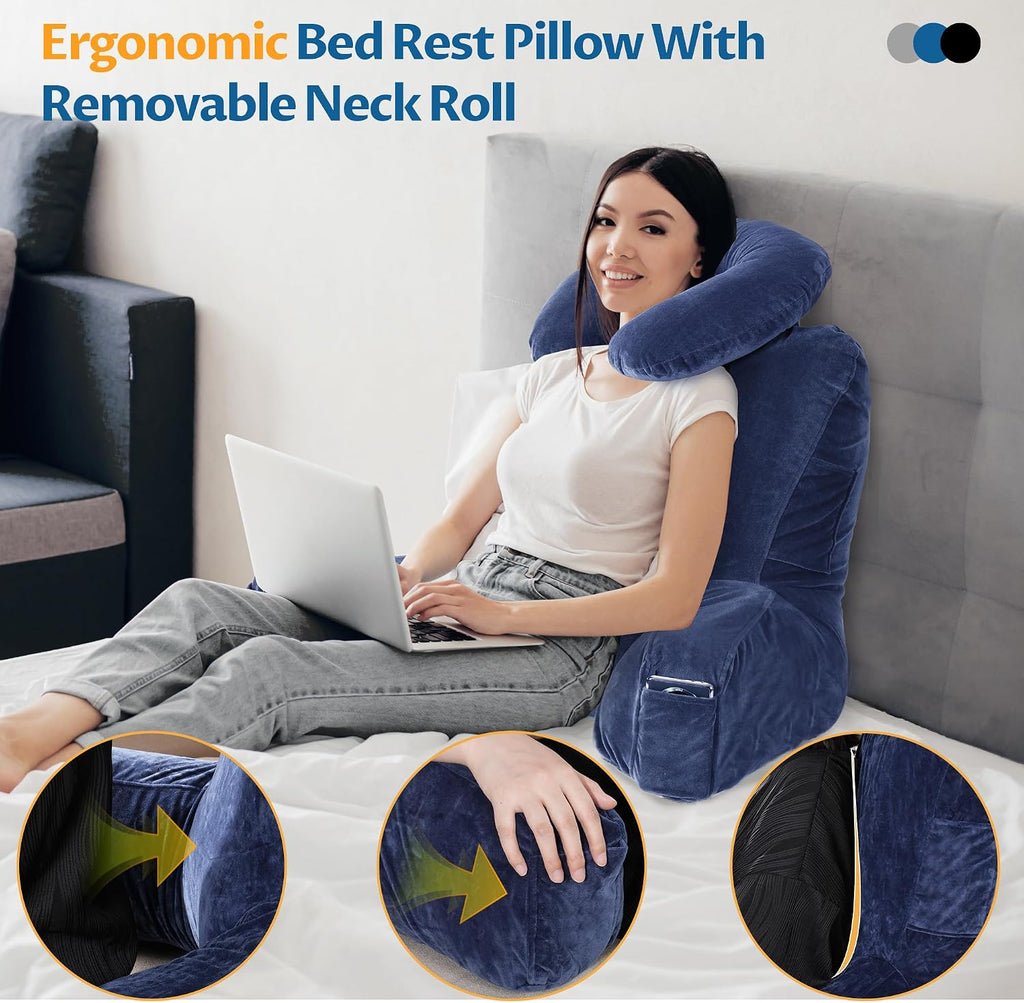 Rengue 31" Large Ergonomic Bed Rest Pillow, Reading Pillow with Arms Detachable Neck Roll Reading Pillow with Pockets for Sitting in Bed…