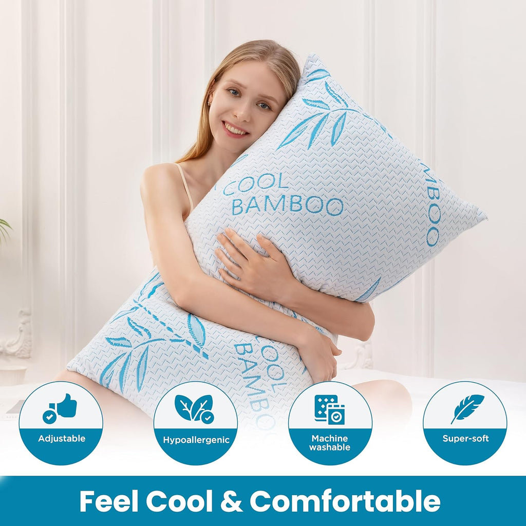 2 Pack Standard Size Rayon Derived from Bamboo Pillow for Sleeping, Cooling Shredded Memory Foam Adjustable Bed Pillow with…