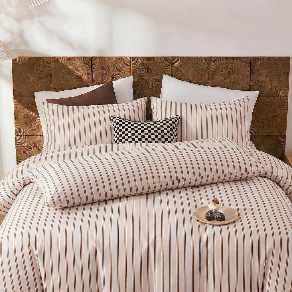 Merryword 100% Cotton Pillow Cases, Queen Size Pillowcases, Beige and Terracotta Striped Pillowcases, Soft Breathable Engineered Stripes Pi…