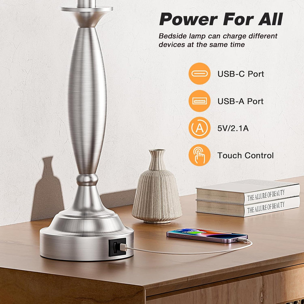 Seealle Touch Bedside Lamps for Nightstand Set of 2 - Bedroom Lamps with USB C+A, 3 Way Dimmable Nightstand Lamps, Brushed Nickel Table…