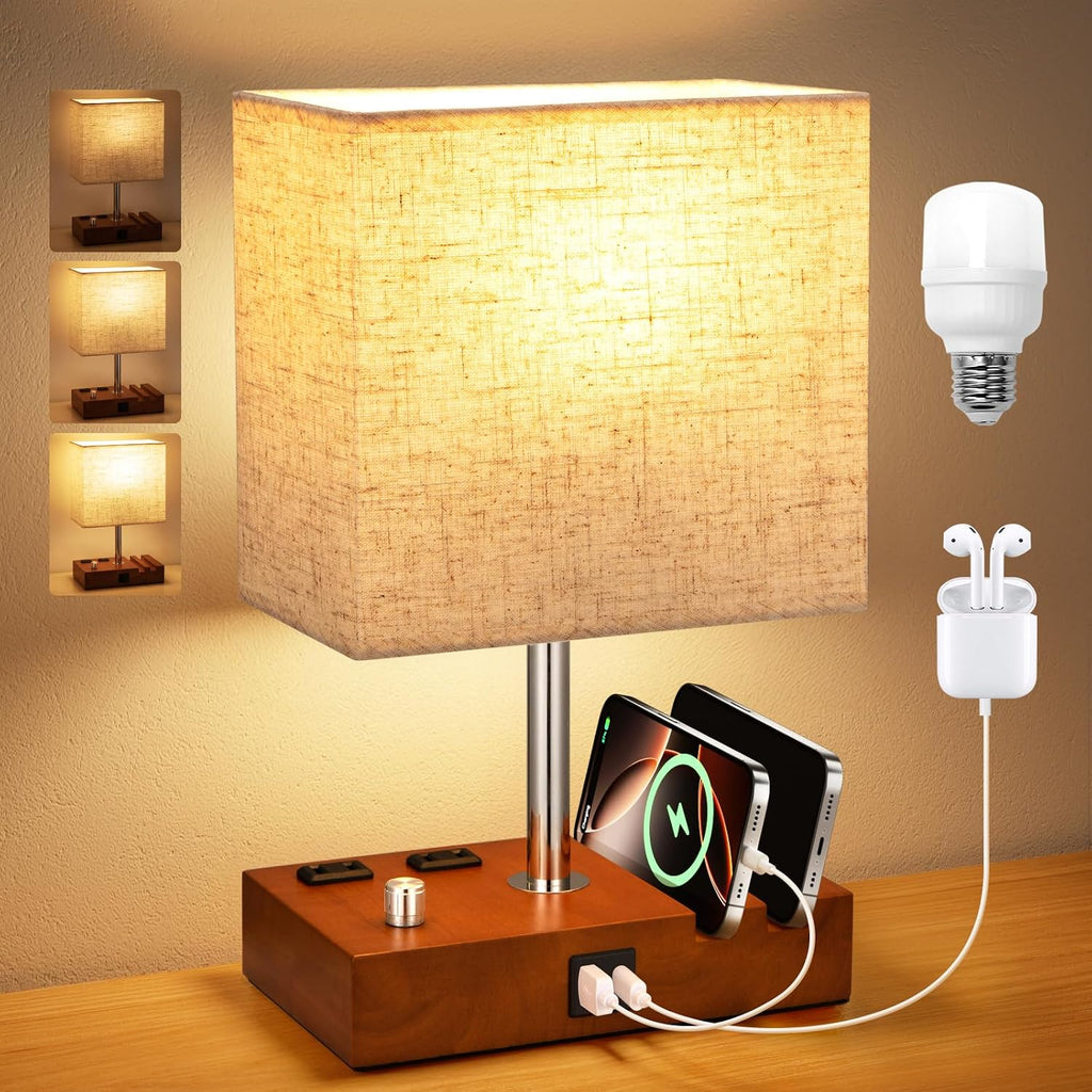 Kakanuo Fully Dimmable Nightstand Lamp for Bedroom with USB C Ports, Small Bedside Table Lamp with Charging Outlets and Phone Stands…