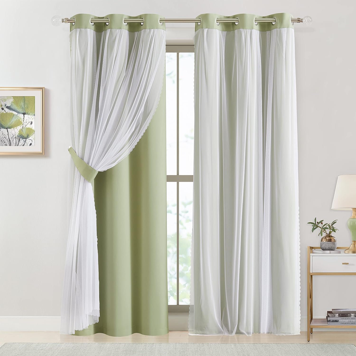 Bujasso Sage Green 90% Blackout Curtains with Sheer Overlay Mix and Match Double Layer Thermal Insulated Window Panels 84 inch Living Room…