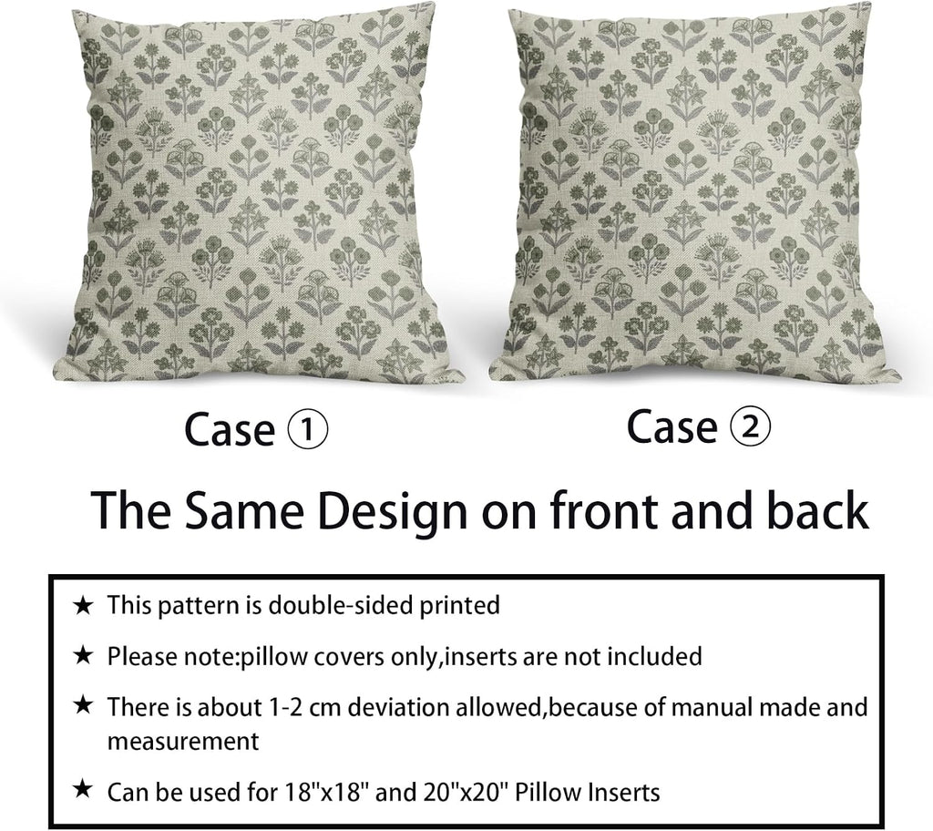 Green Grey Gray Floral Block Print Pillow Covers 20x20 Inch Set of 2, Vintage Flower Pattern Decorative Throw Pillowcases Outdoor…