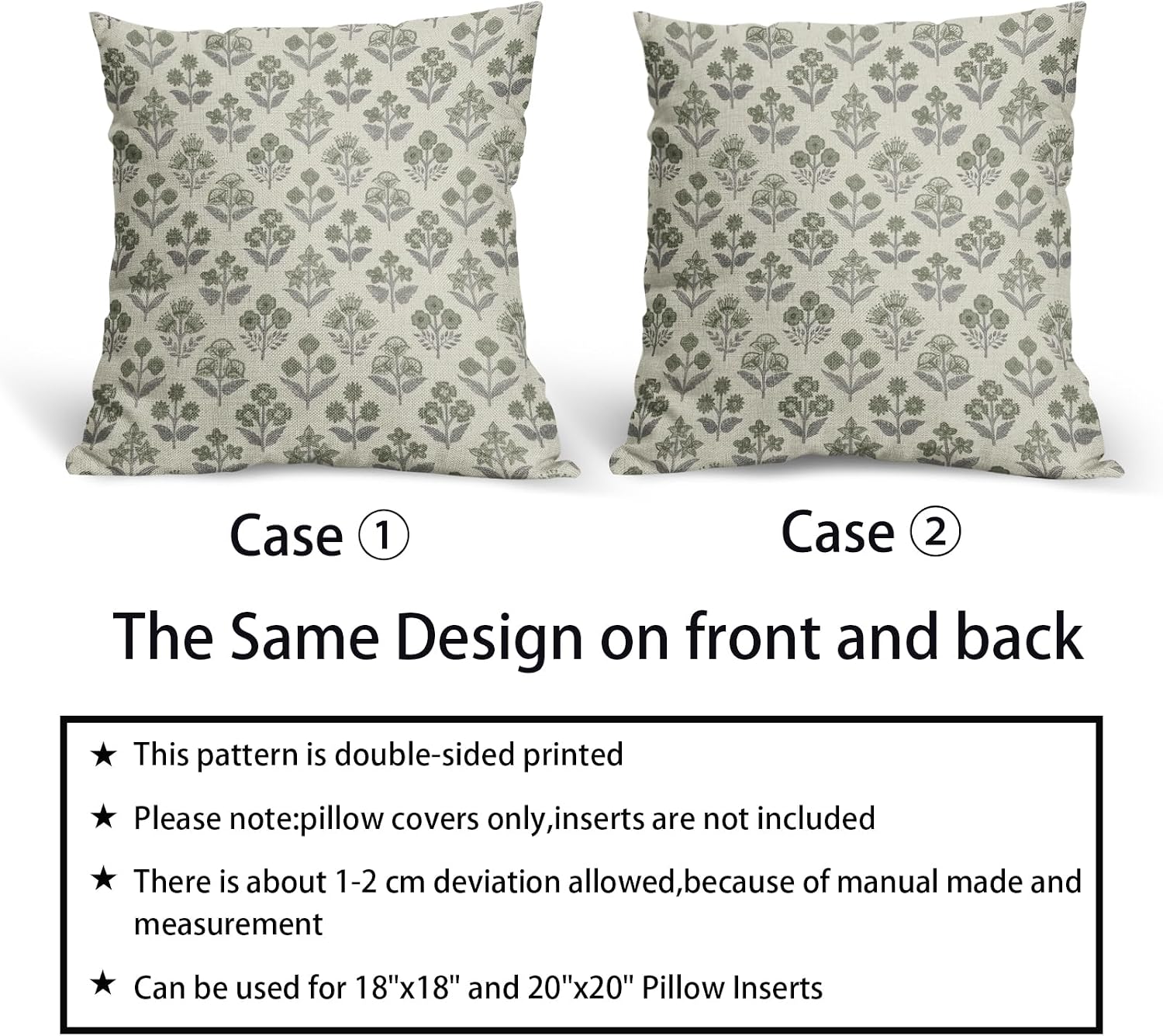 Green Grey Gray Floral Block Print Pillow Covers 16x16 Inch Set of 2, Vintage Flower Pattern Decorative Throw Pillowcases Outdoor…